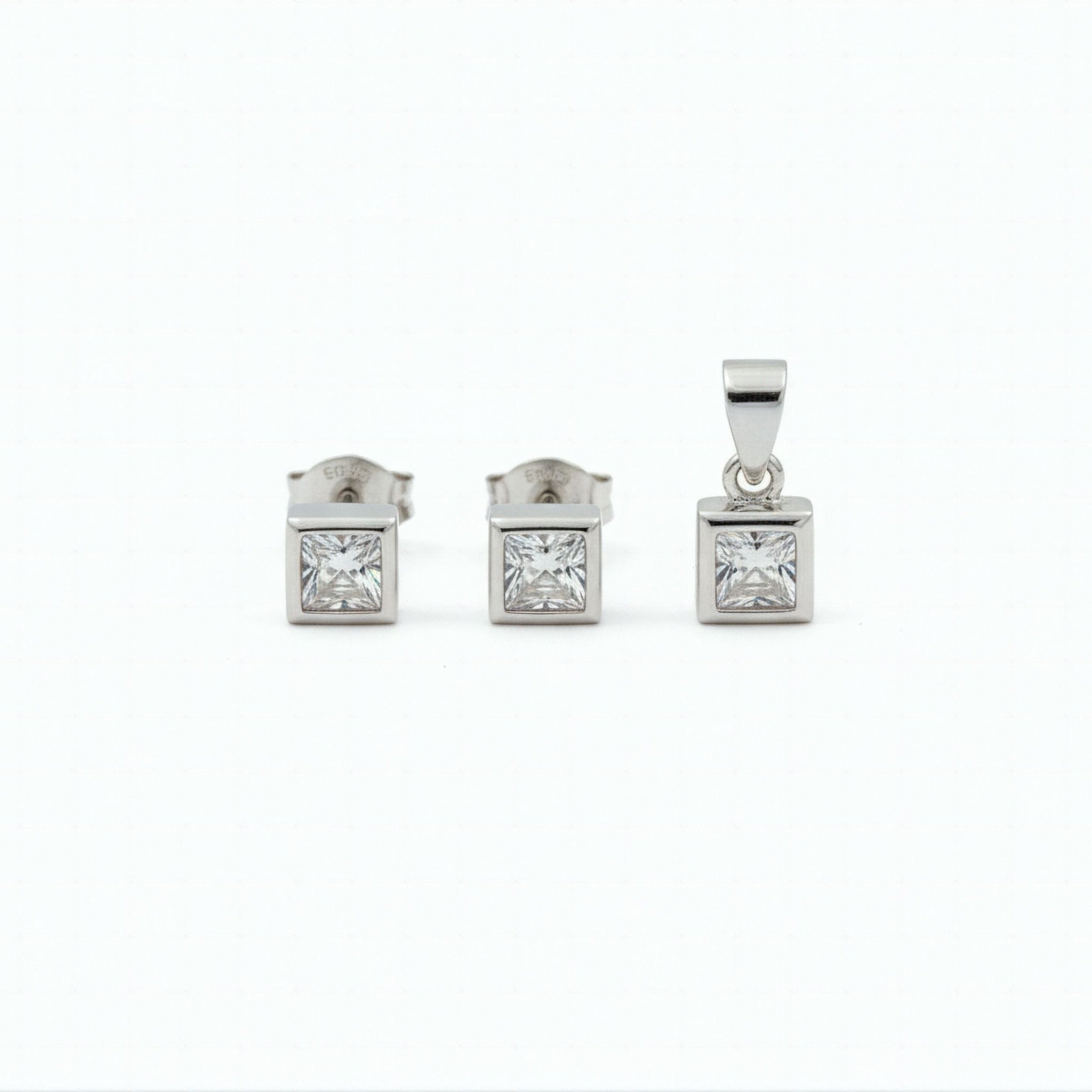 925 Sterling Silver Bezel-Set Princess Cut Cubic Zirconia Pendant and Earrings Set