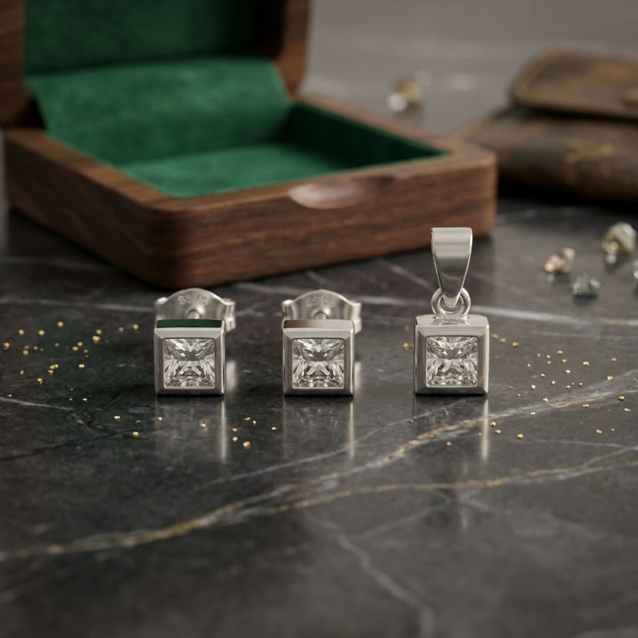925 Sterling Silver Bezel-Set Princess Cut Cubic Zirconia Pendant and Earrings Set