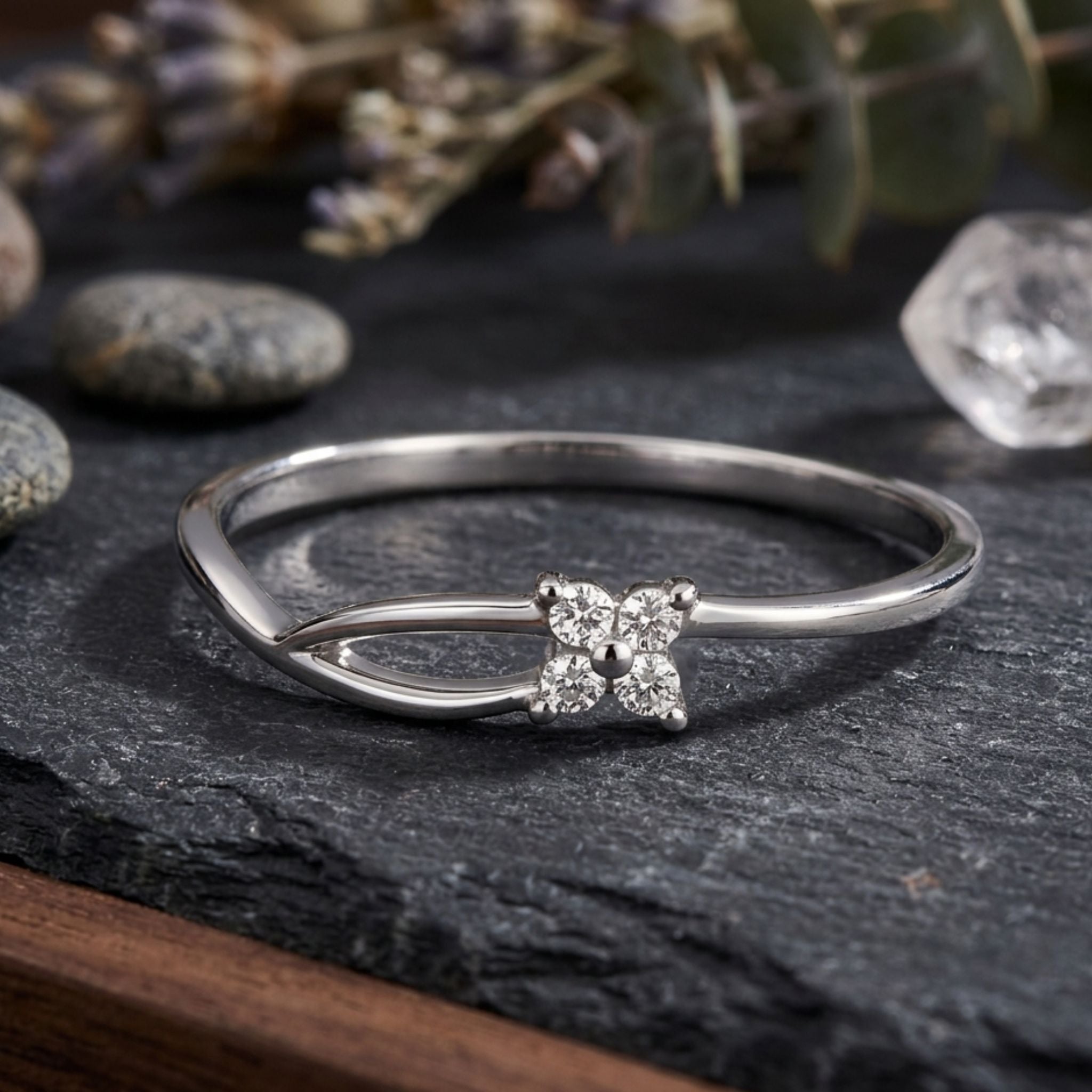 Dainty Leaf-Inspired Sterling Silver Ring with Cubic Zirconia