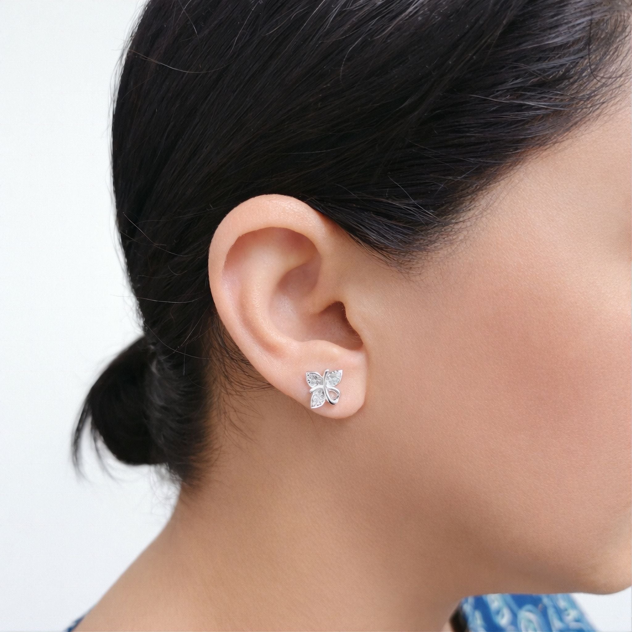 925 Sterling Silver Asymmetrical Butterfly Stud Earrings With Cubic Zirconia