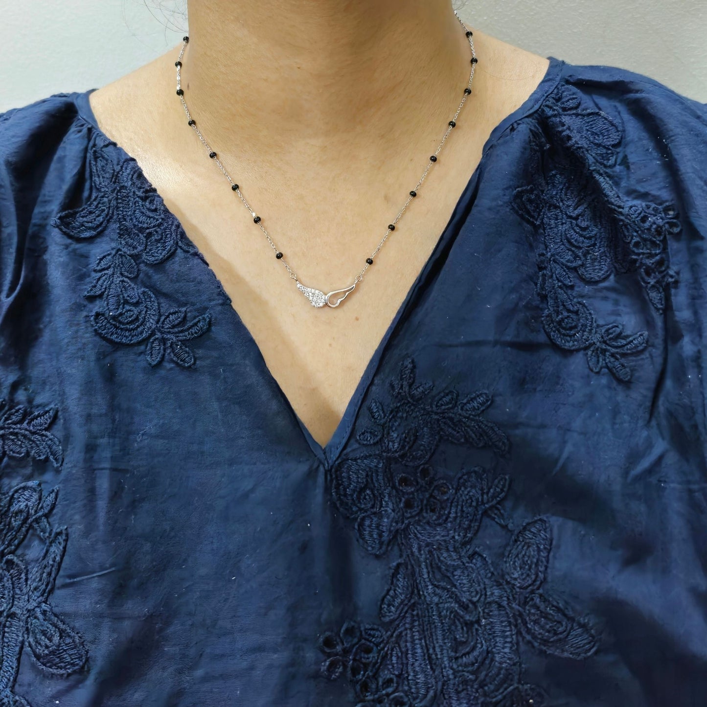 925 Sterling Silver Asymmetrical Angel Wing Mangalsutra with Cubic Zirconia