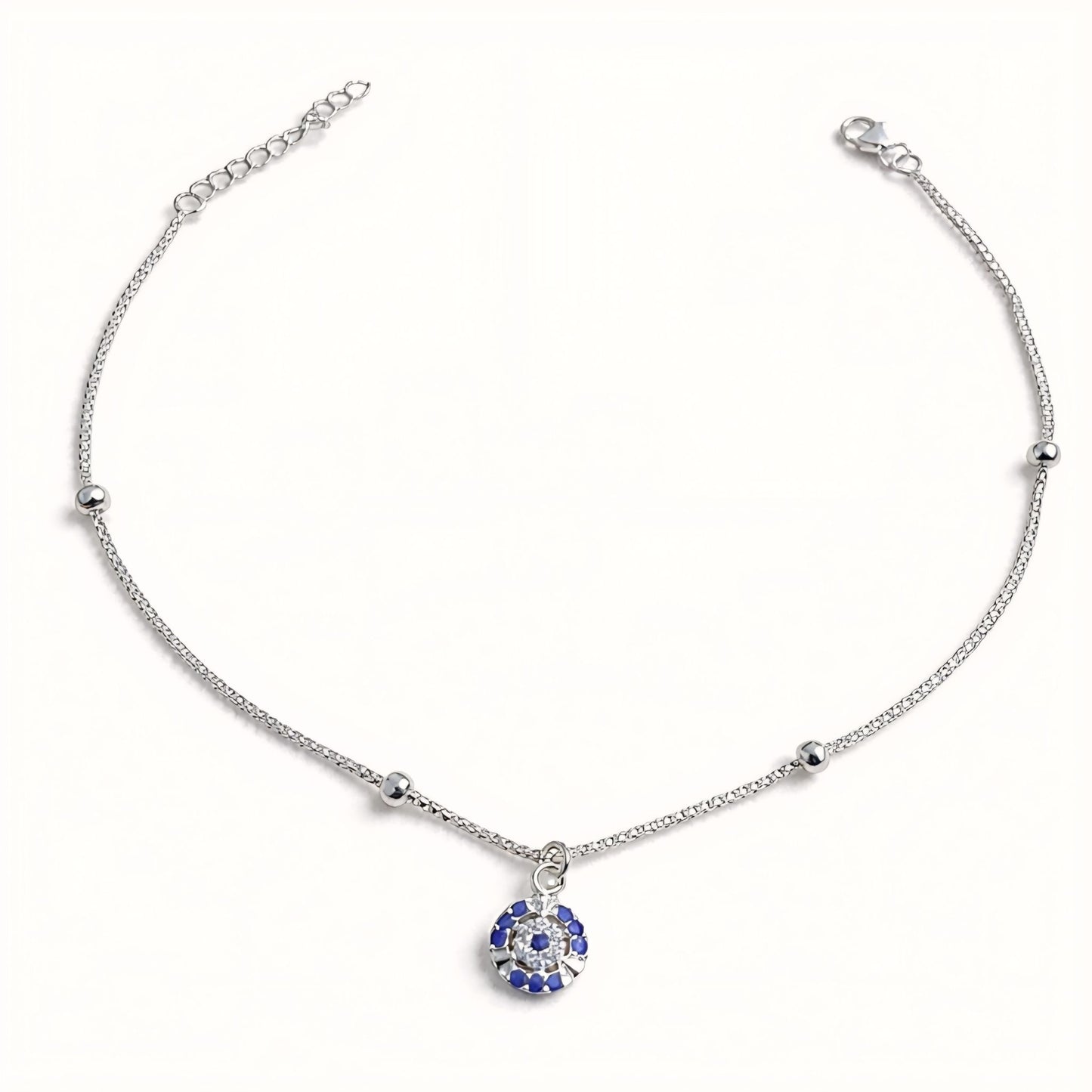 925 Sterling Silver Evil Eye Beaded Anklet with Adjustable Chain and Cubic Zirconia