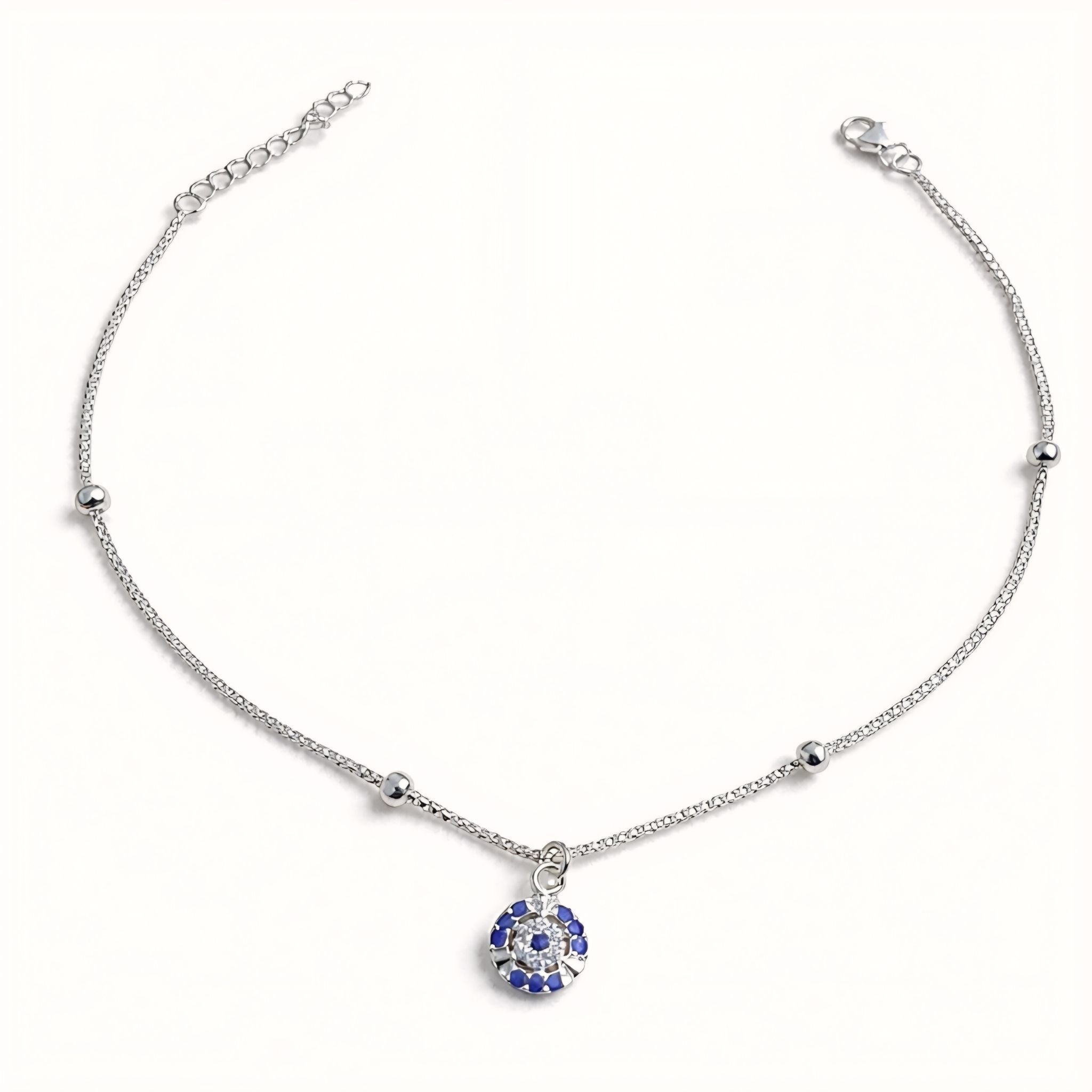 925 Sterling Silver Evil Eye Beaded Anklet with Adjustable Chain and Cubic Zirconia