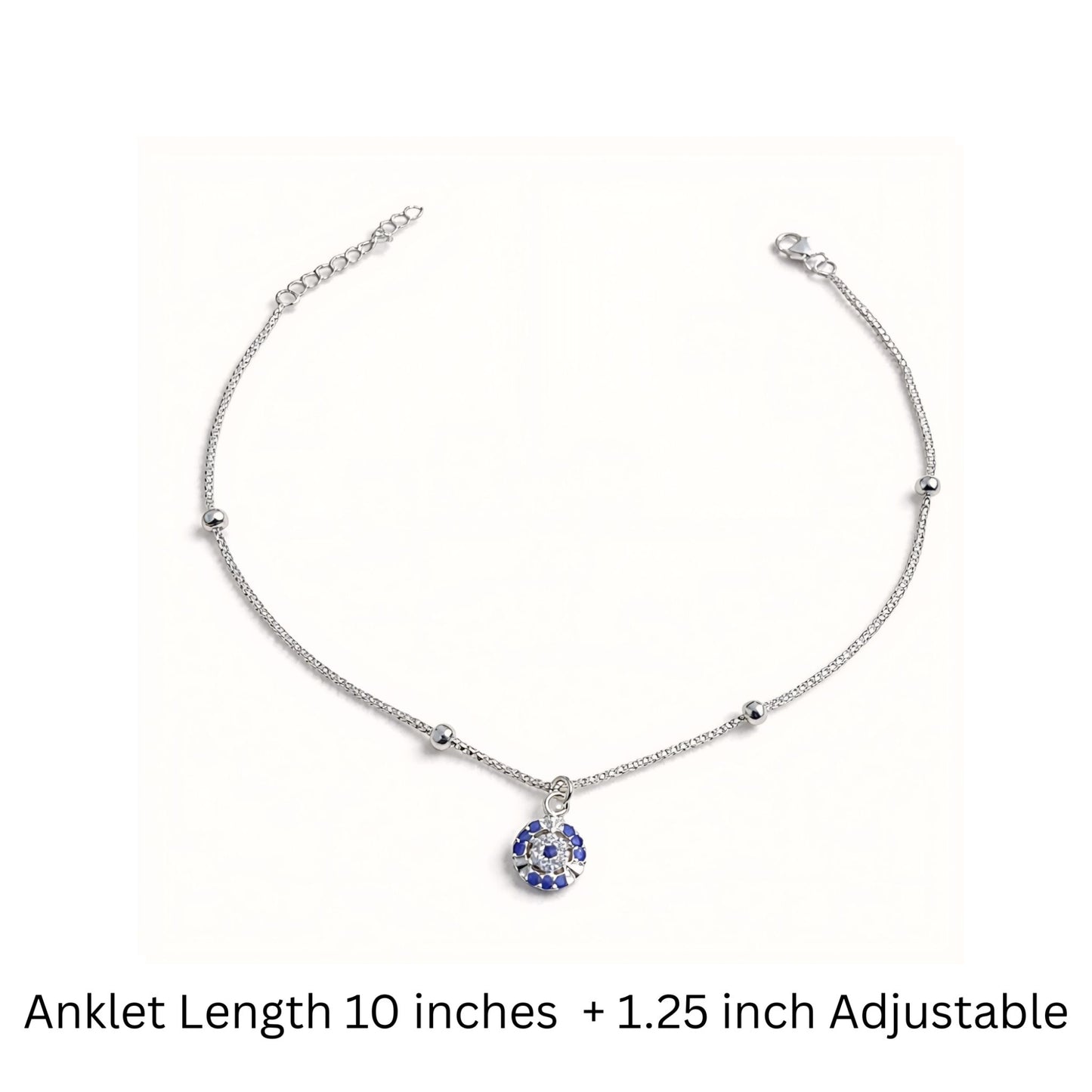925 Sterling Silver Evil Eye Beaded Anklet with Adjustable Chain and Cubic Zirconia