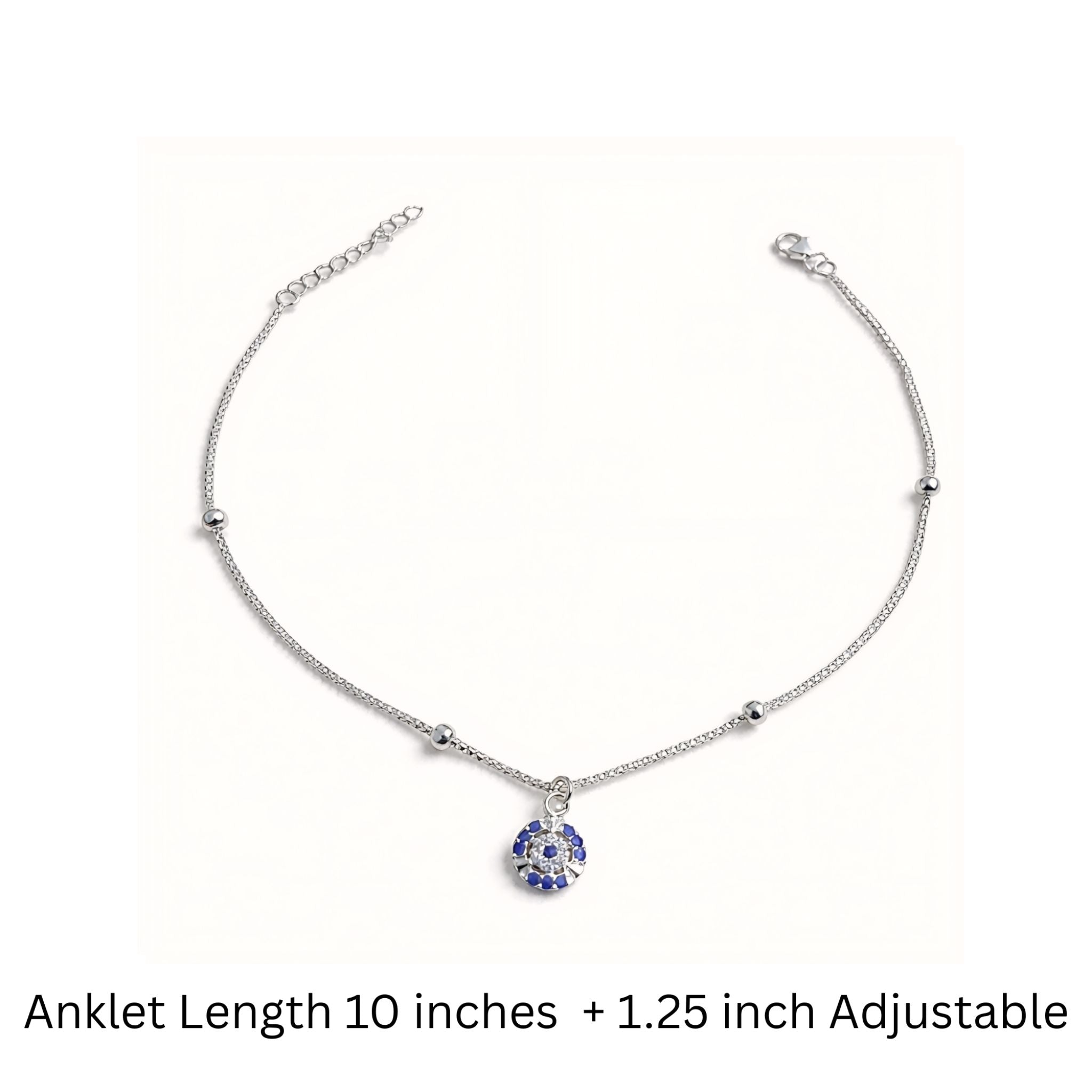 925 Sterling Silver Evil Eye Beaded Anklet with Adjustable Chain and Cubic Zirconia
