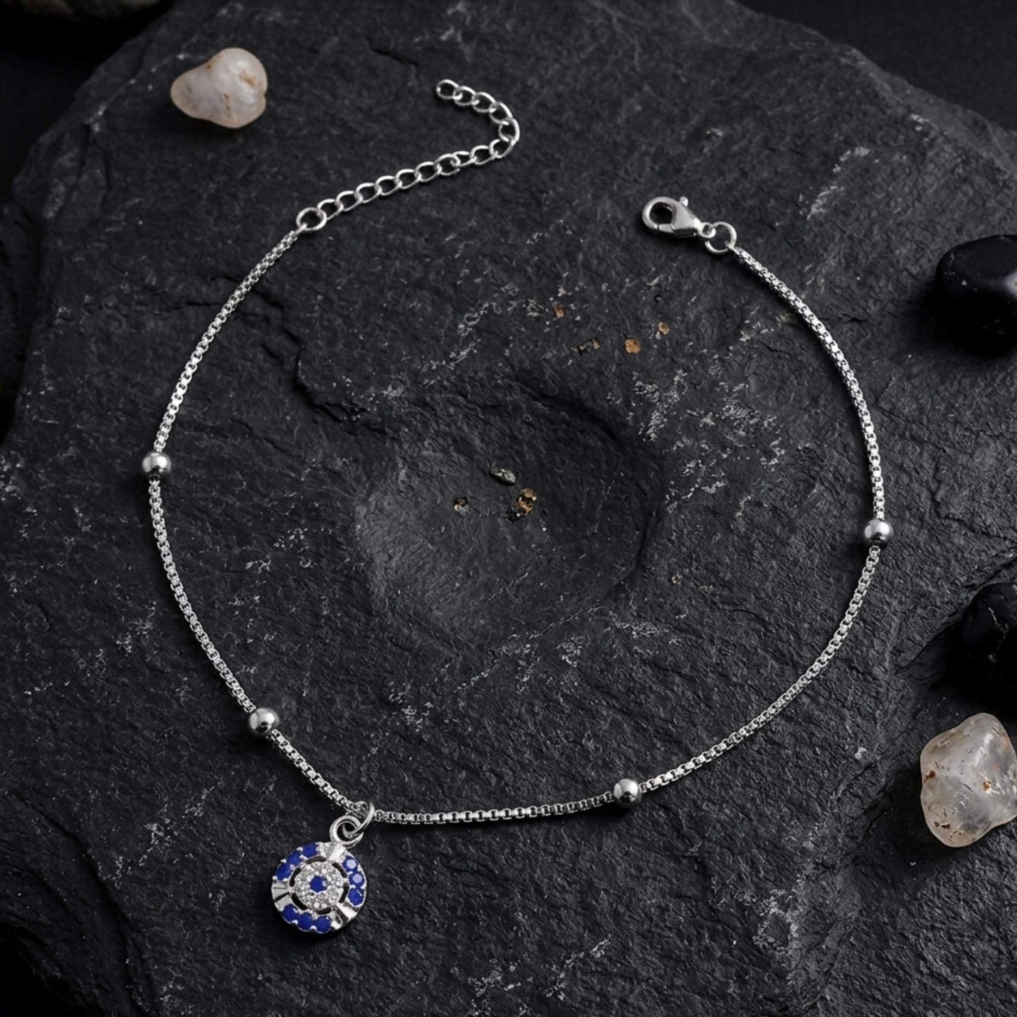 925 Sterling Silver Evil Eye Beaded Anklet with Adjustable Chain and Cubic Zirconia