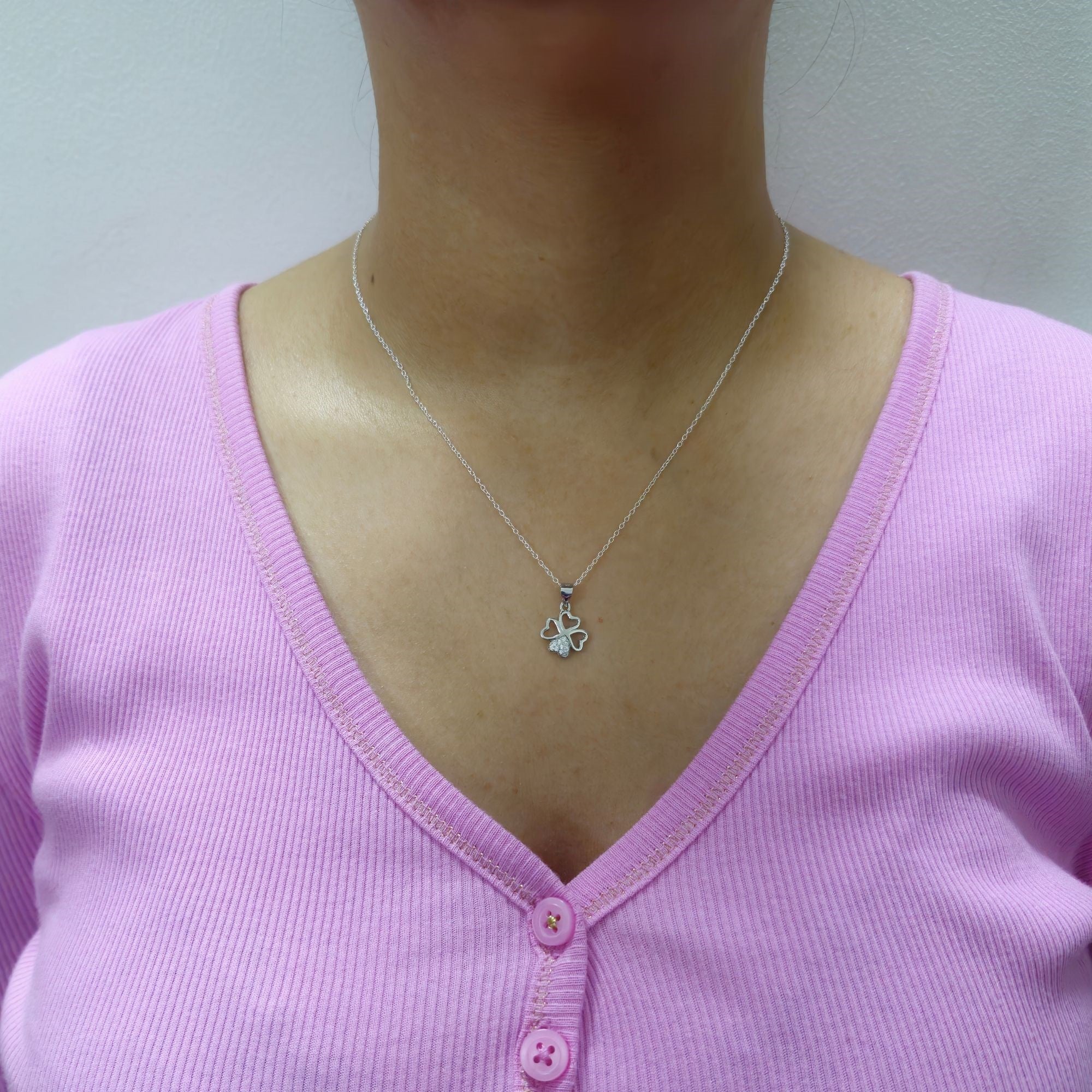 925 Sterling Silver Heart Clover Pendant with Cubic Zirconia