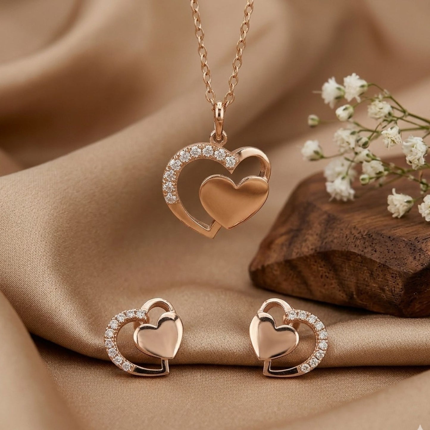 Rose Gold-Plated 925 Sterling Silver Interlocking Heart Pendant and Earrings Set With Cubic Zirconia