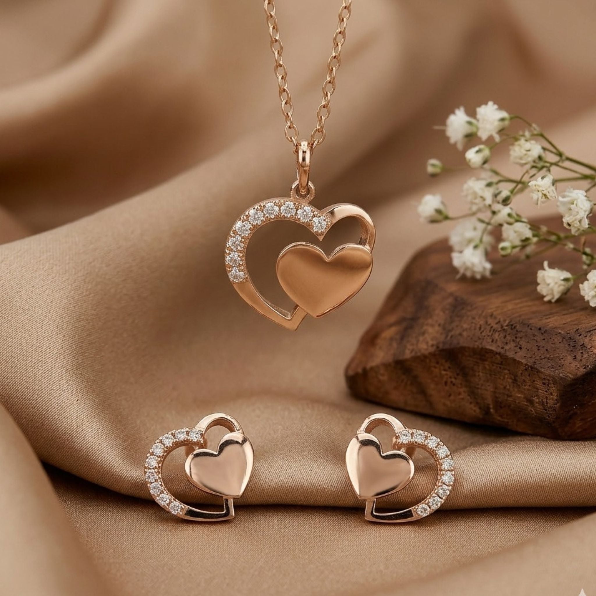 Rose Gold-Plated 925 Sterling Silver Interlocking Heart Pendant and Earrings Set With Cubic Zirconia