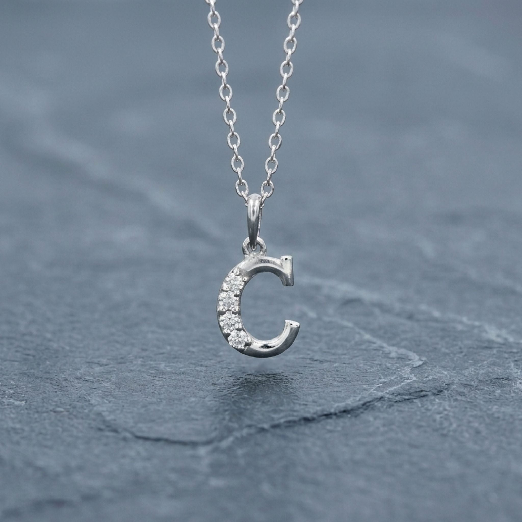 925 Sterling Silver Initial C Necklace With Cubic Zirconia