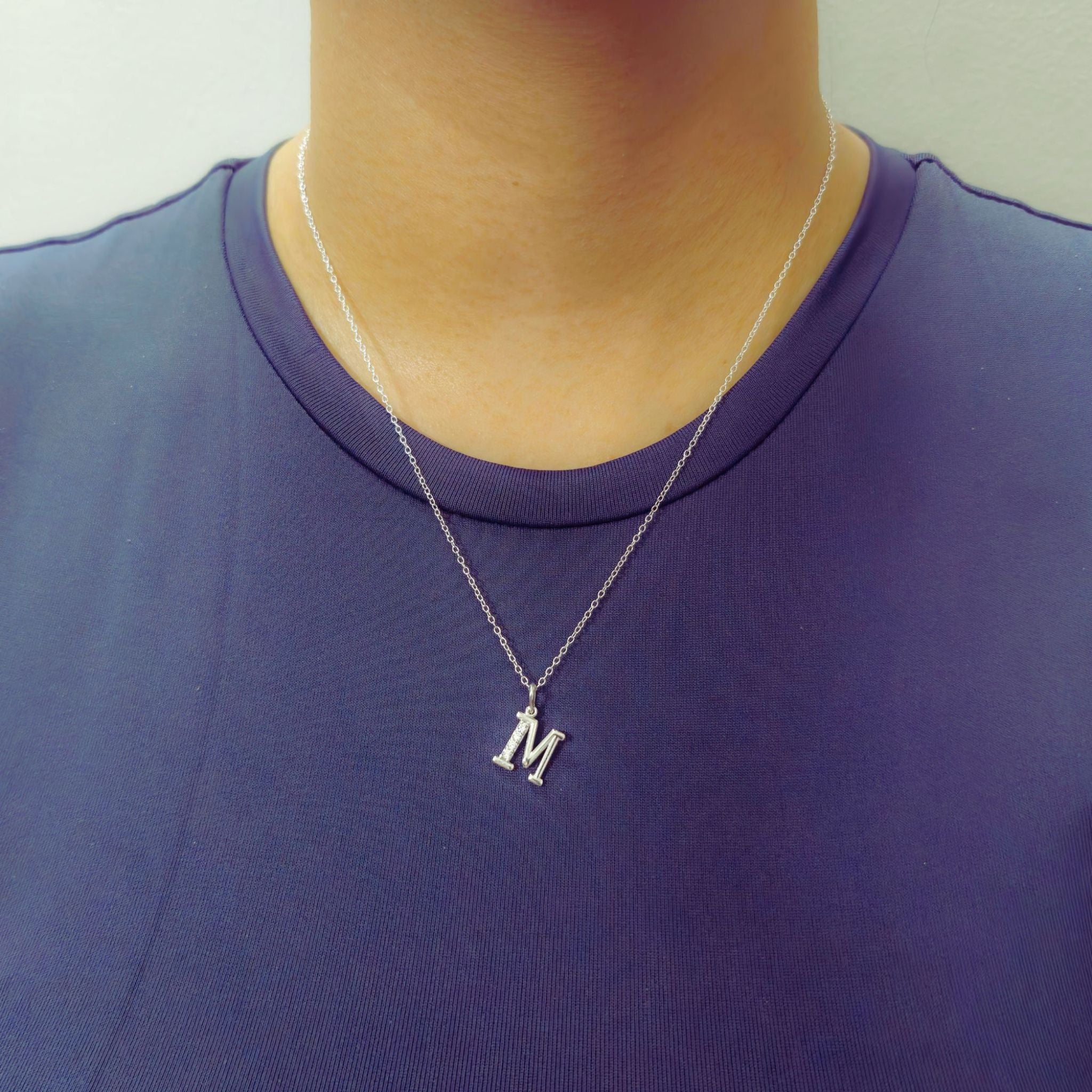 925 Sterling Silver Initial M Necklace With Cubic Zirconia