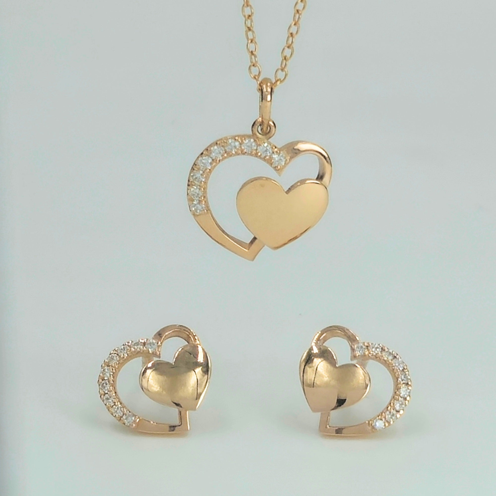 Rose Gold-Plated 925 Sterling Silver Interlocking Heart Pendant and Earrings Set With Cubic Zirconia
