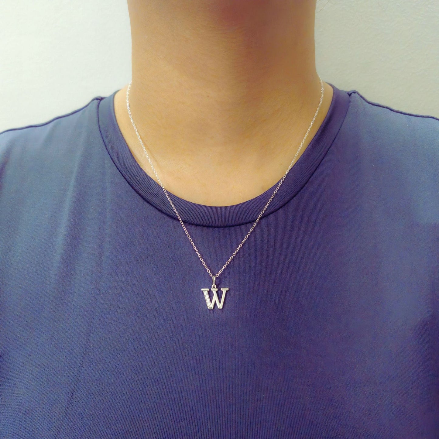 925 Sterling Silver Initial W Necklace With Cubic Zirconia