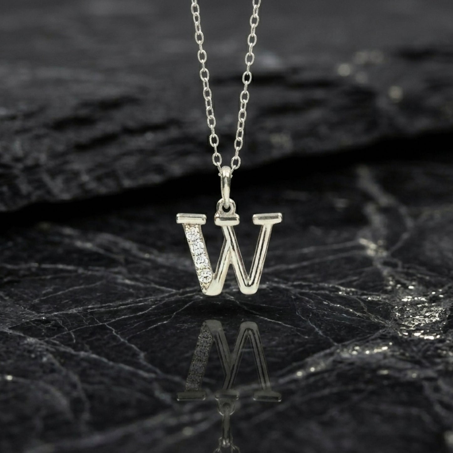 925 Sterling Silver Initial W Necklace With Cubic Zirconia