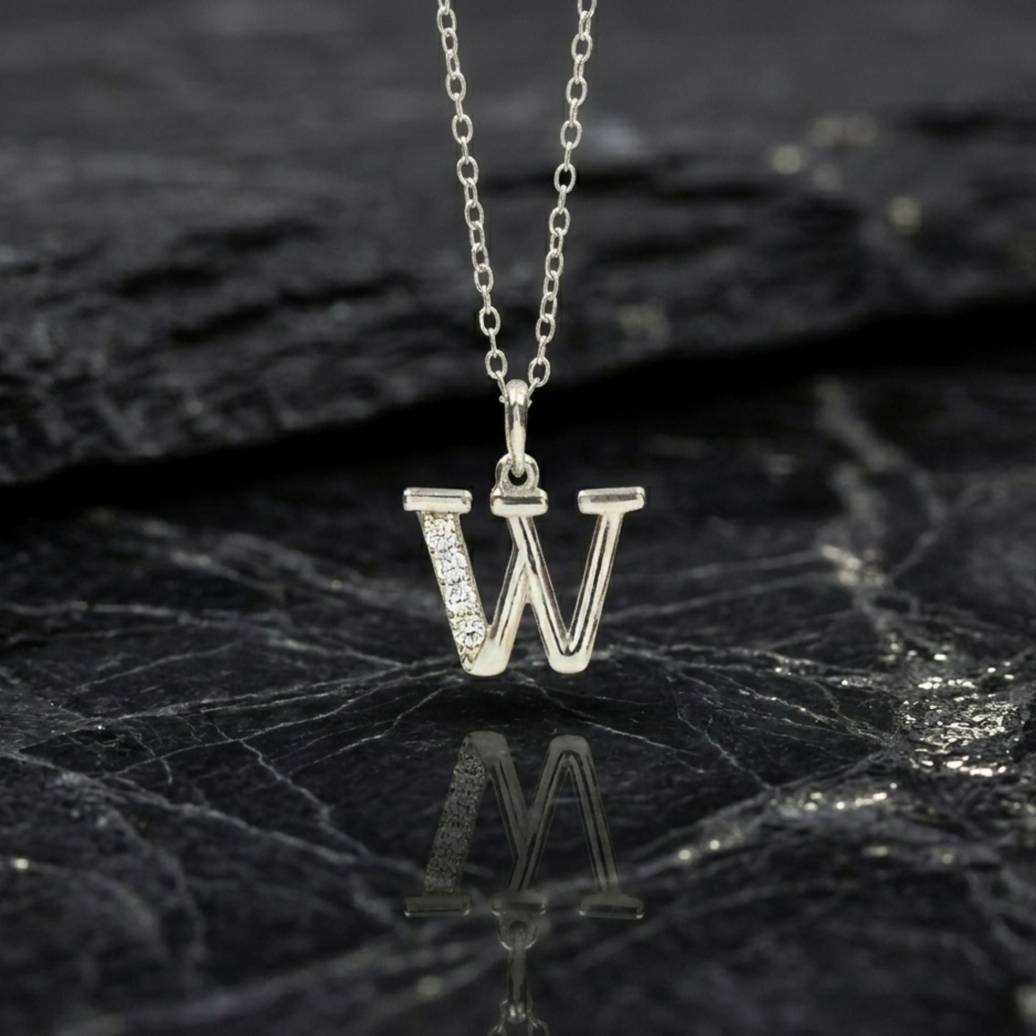 925 Sterling Silver Initial W Necklace With Cubic Zirconia