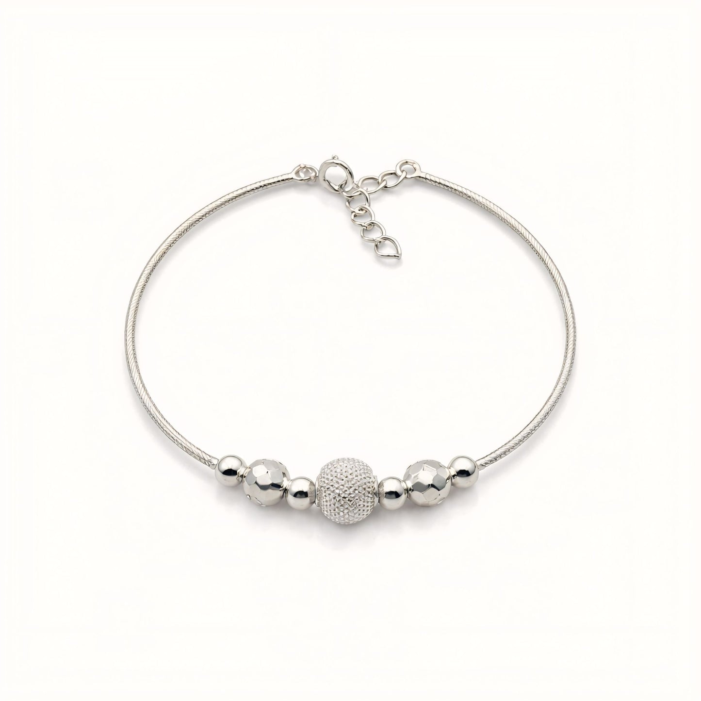 925 Silver-Tone Adjustable Chain Kada with Textured Bead Detailing