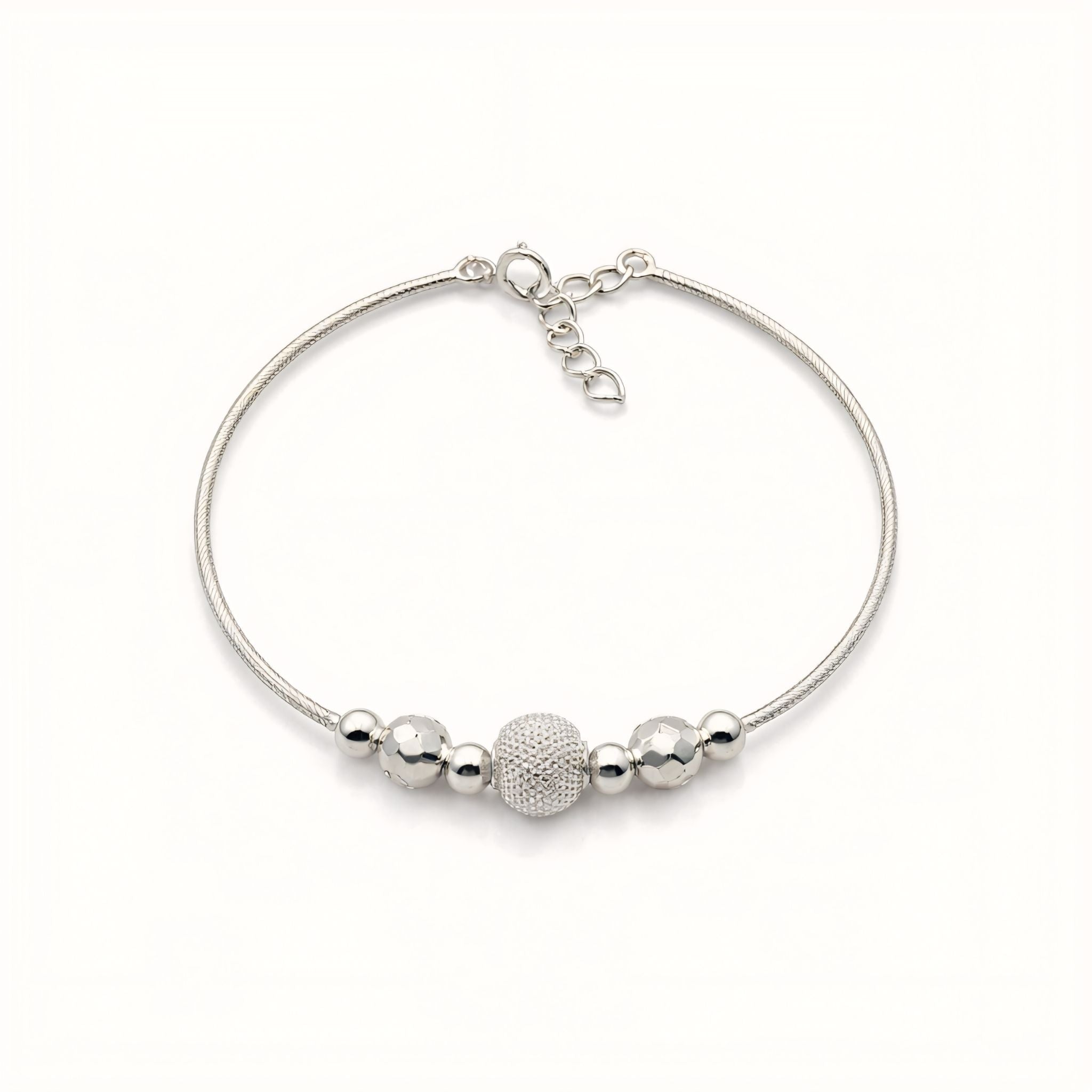 925 Silver-Tone Adjustable Chain Kada with Textured Bead Detailing