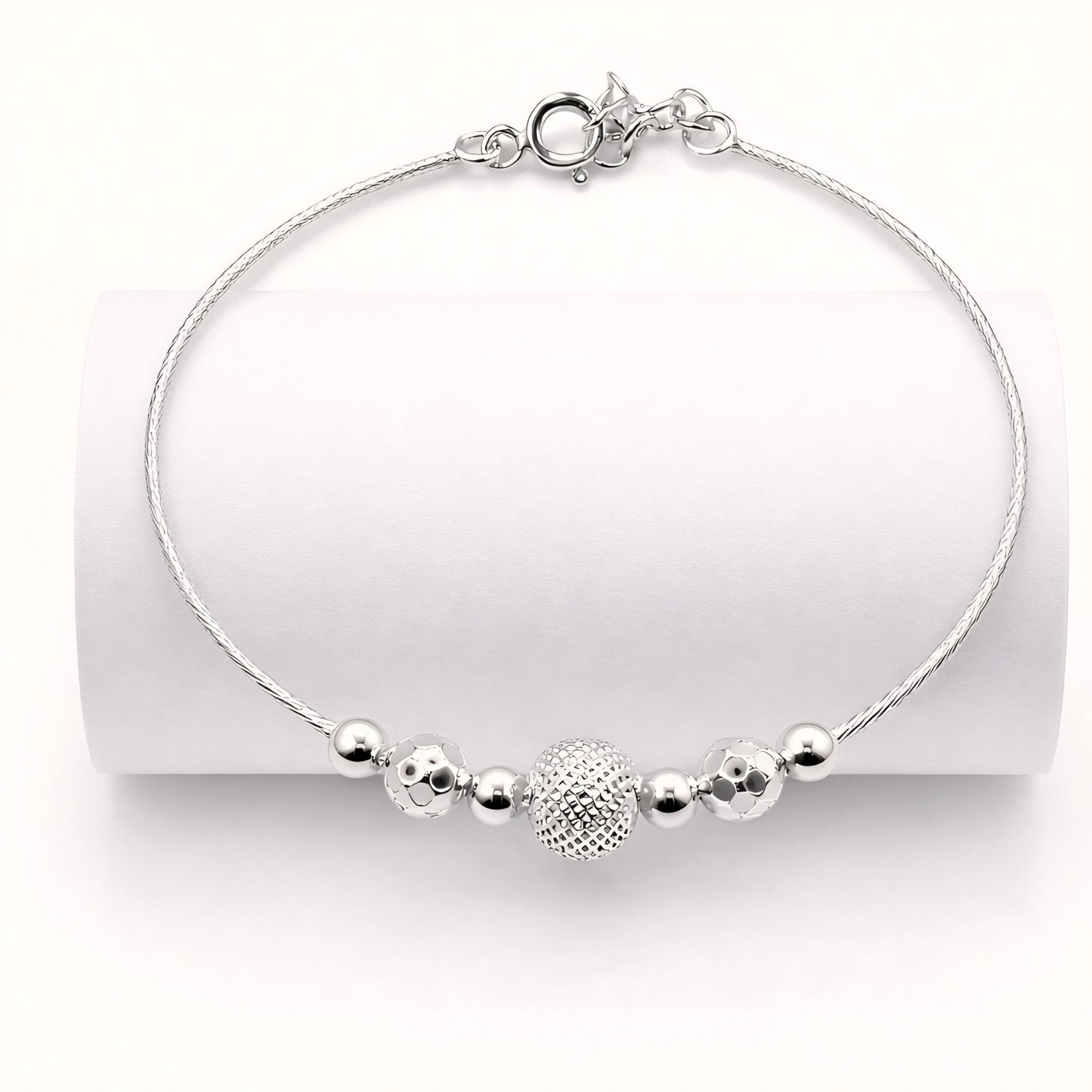 925 Silver-Tone Adjustable Chain Kada with Textured Bead Detailing