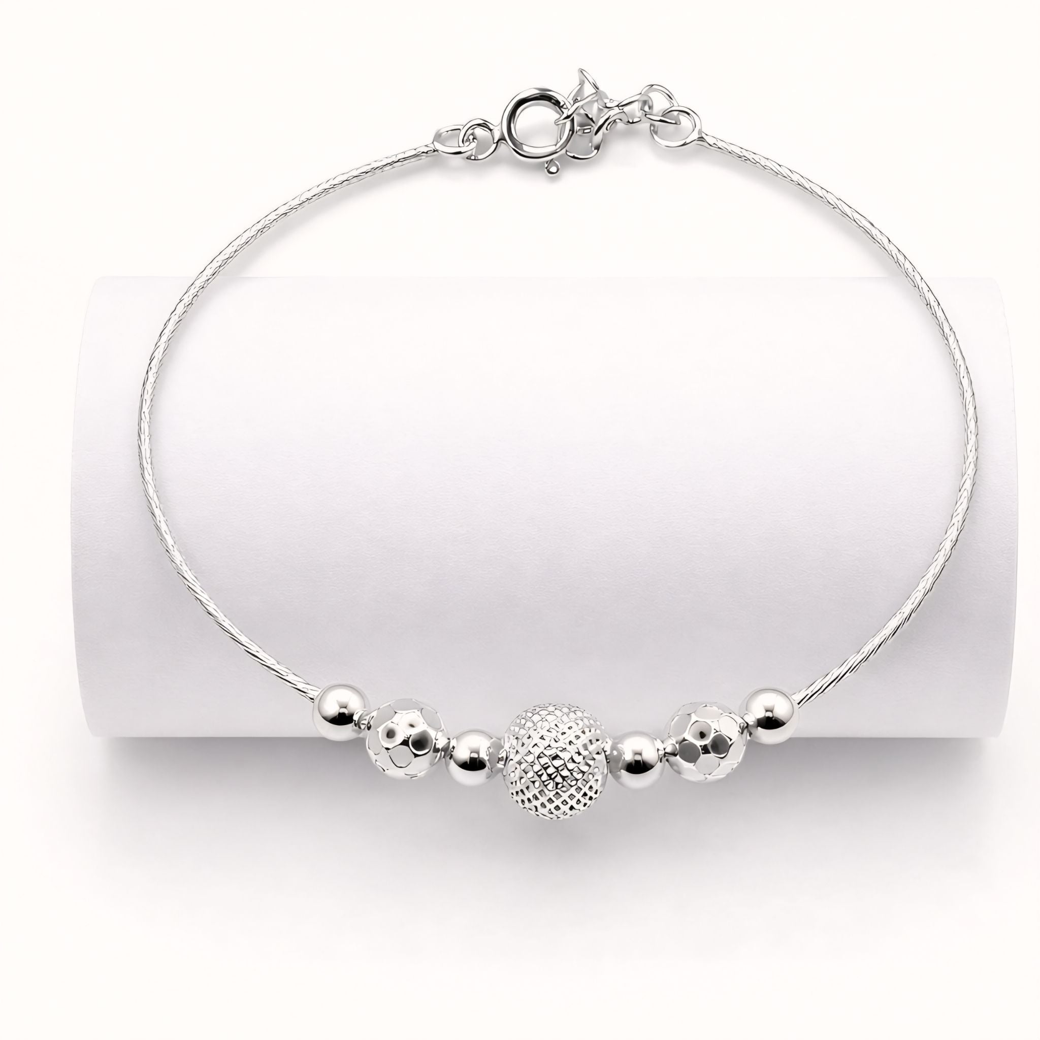 925 Silver-Tone Adjustable Chain Kada with Textured Bead Detailing