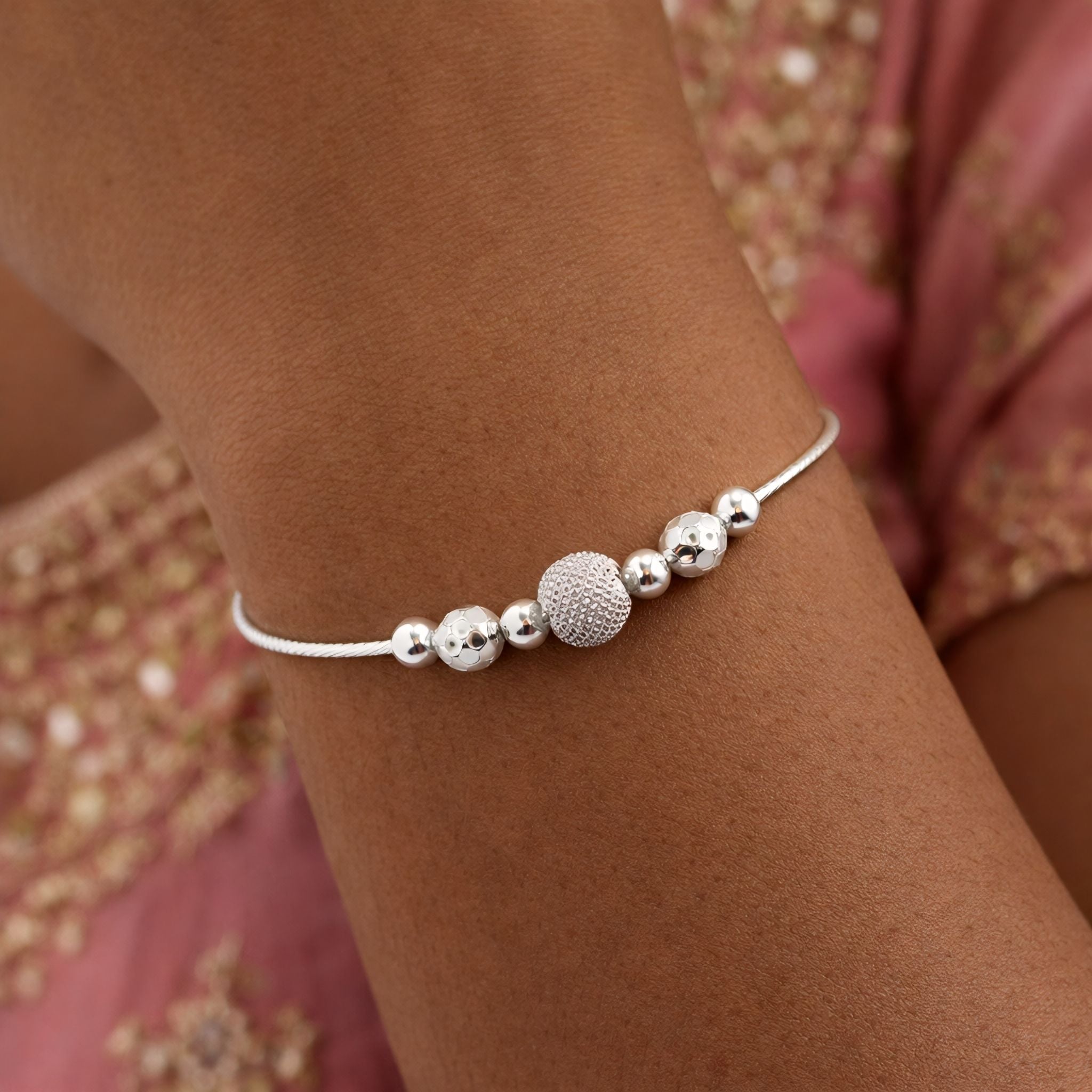 925 Silver-Tone Adjustable Chain Kada with Textured Bead Detailing