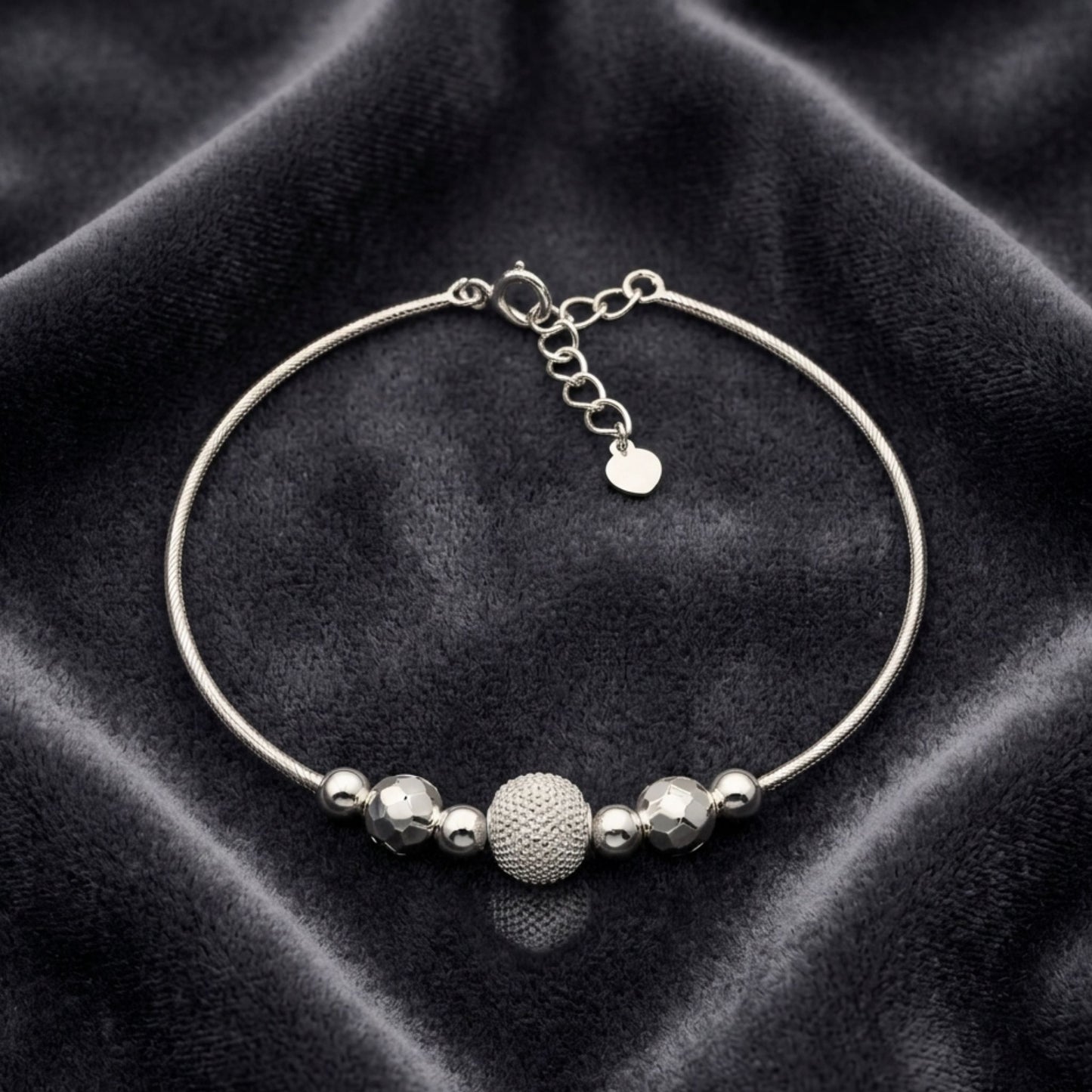 925 Silver-Tone Adjustable Chain Kada with Textured Bead Detailing