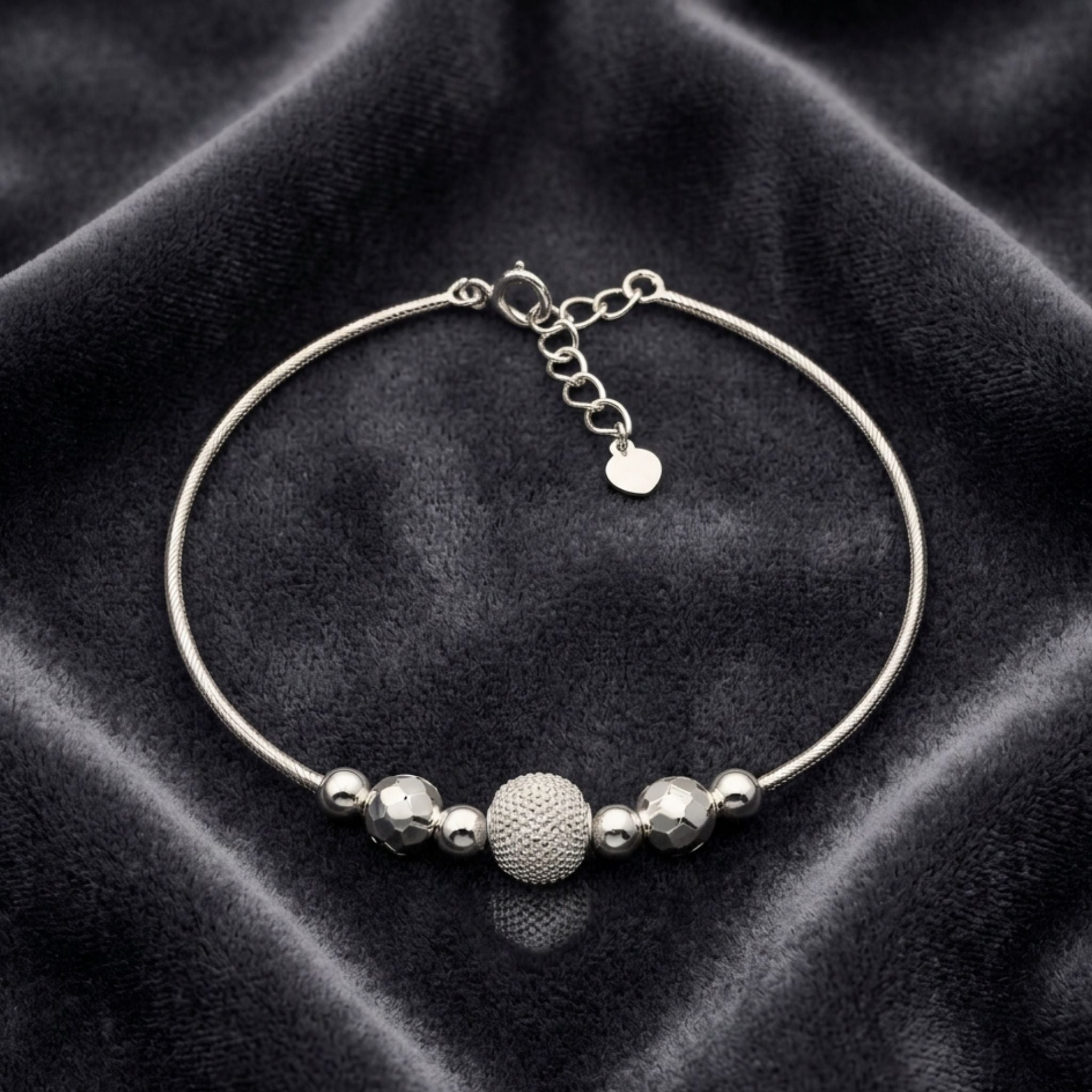 925 Silver-Tone Adjustable Chain Kada with Textured Bead Detailing