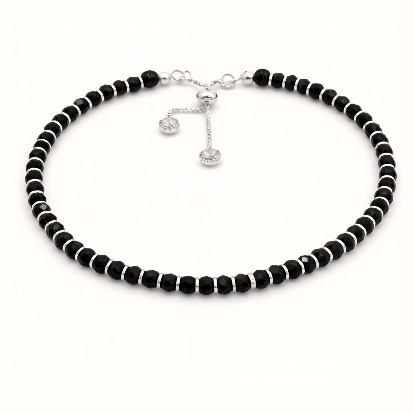925 Sterling Silver Black Faceted Bead Adjustable Slider Bracelet