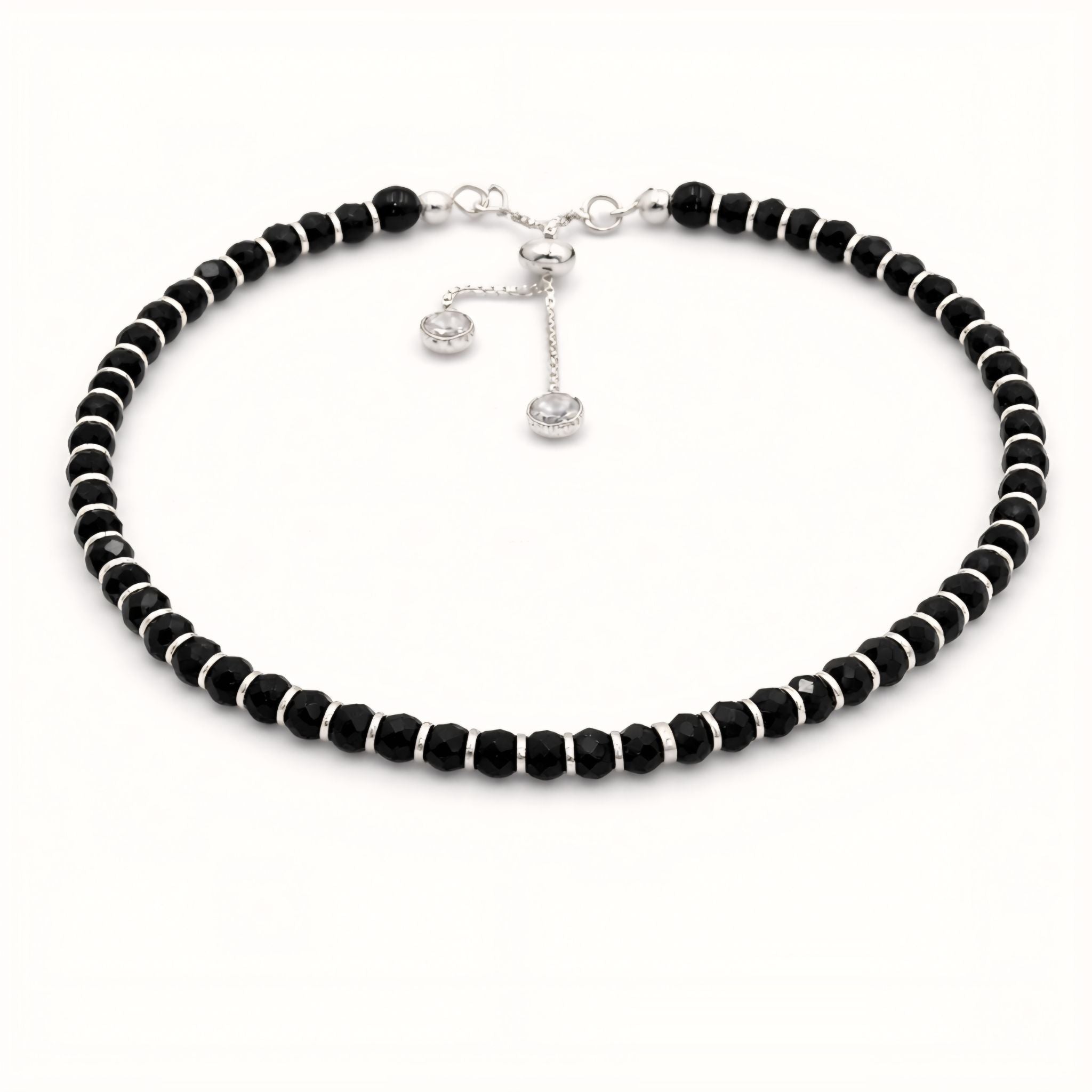 925 Sterling Silver Black Faceted Bead Adjustable Slider Bracelet