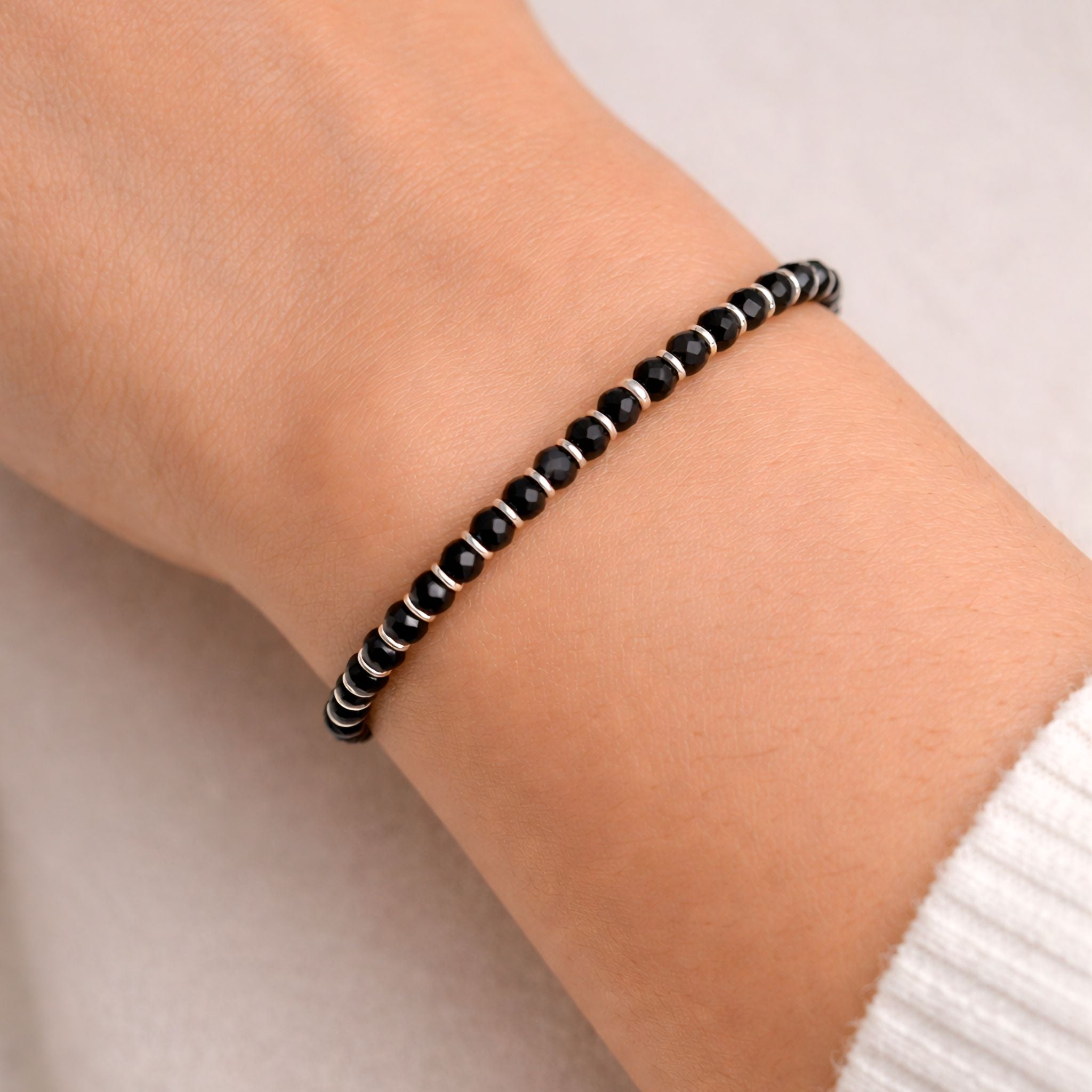 925 Sterling Silver Black Faceted Bead Adjustable Slider Bracelet