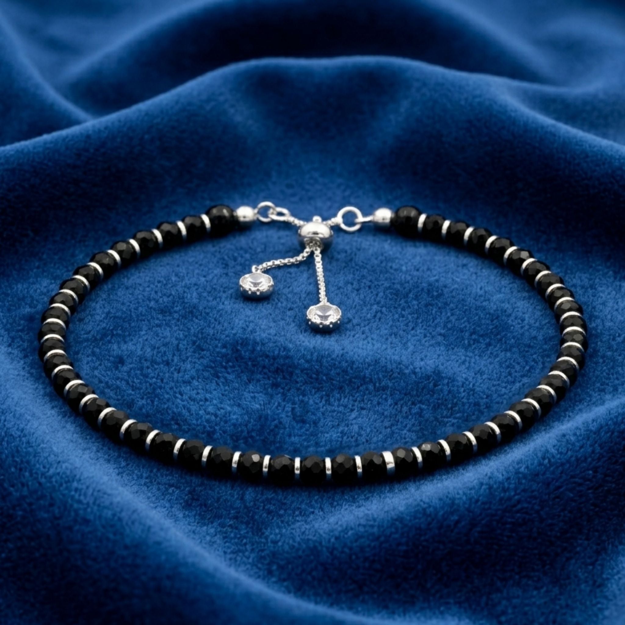 925 Sterling Silver Black Faceted Bead Adjustable Slider Bracelet