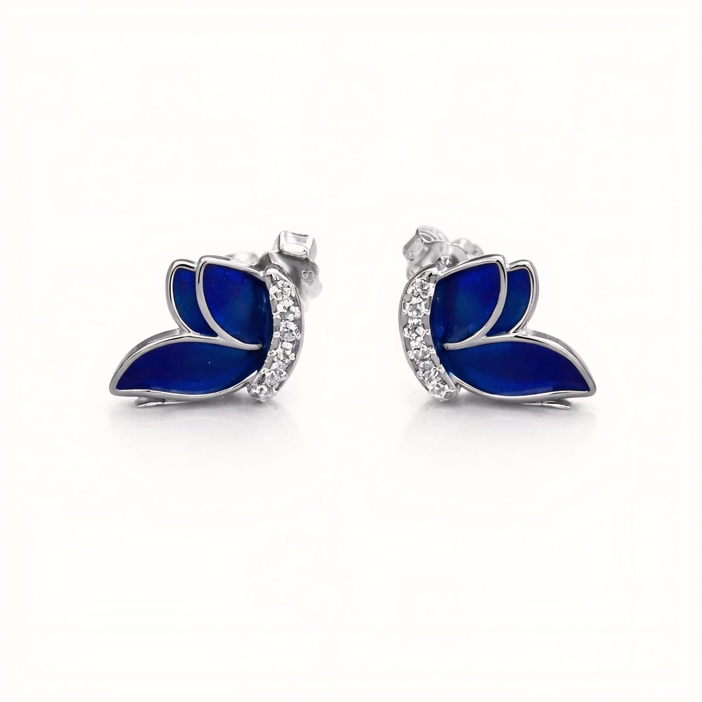 925 Sterling Silver Butterfly Stud Earrings With Blue Enamel and Cubic Zirconia