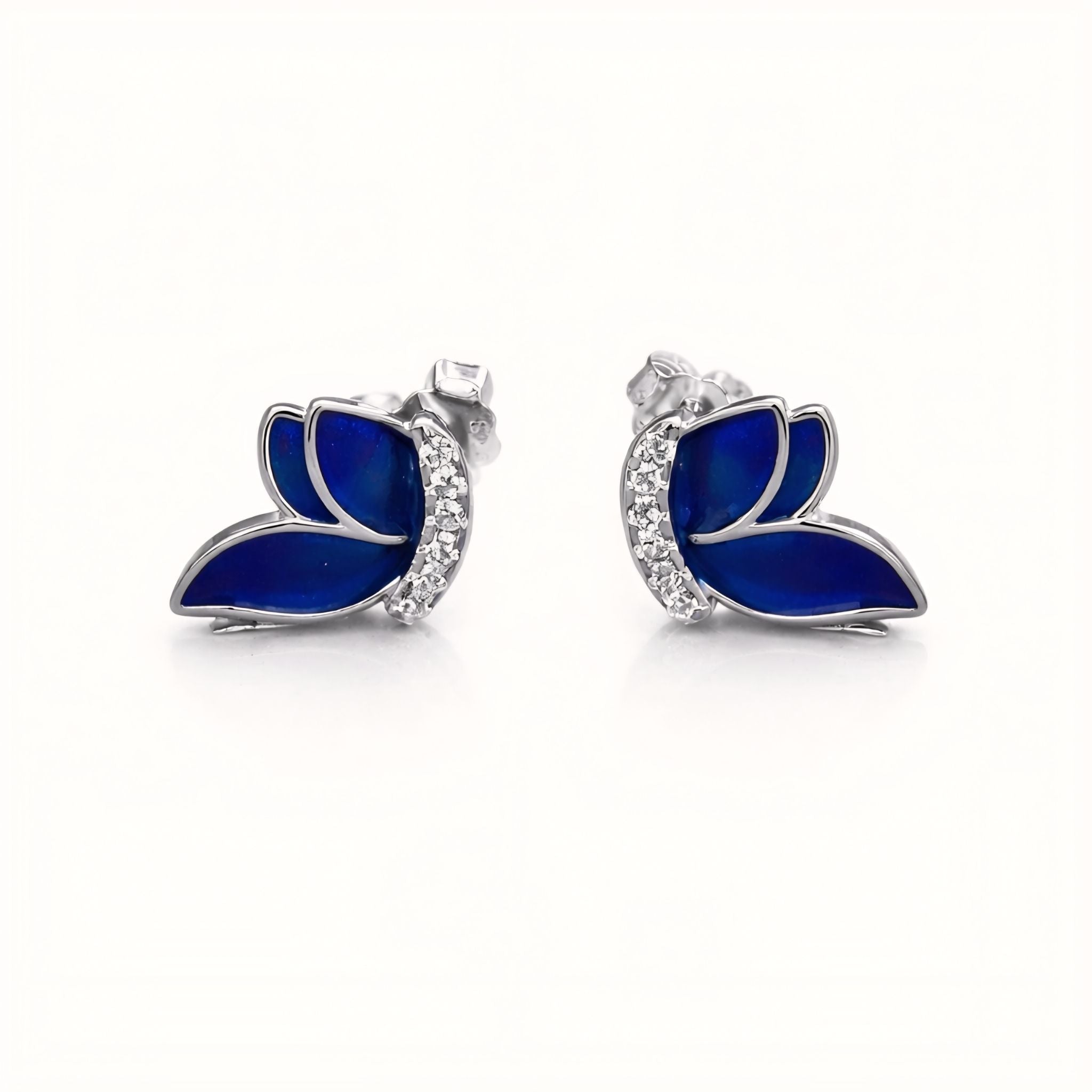 925 Sterling Silver Butterfly Stud Earrings With Blue Enamel and Cubic Zirconia