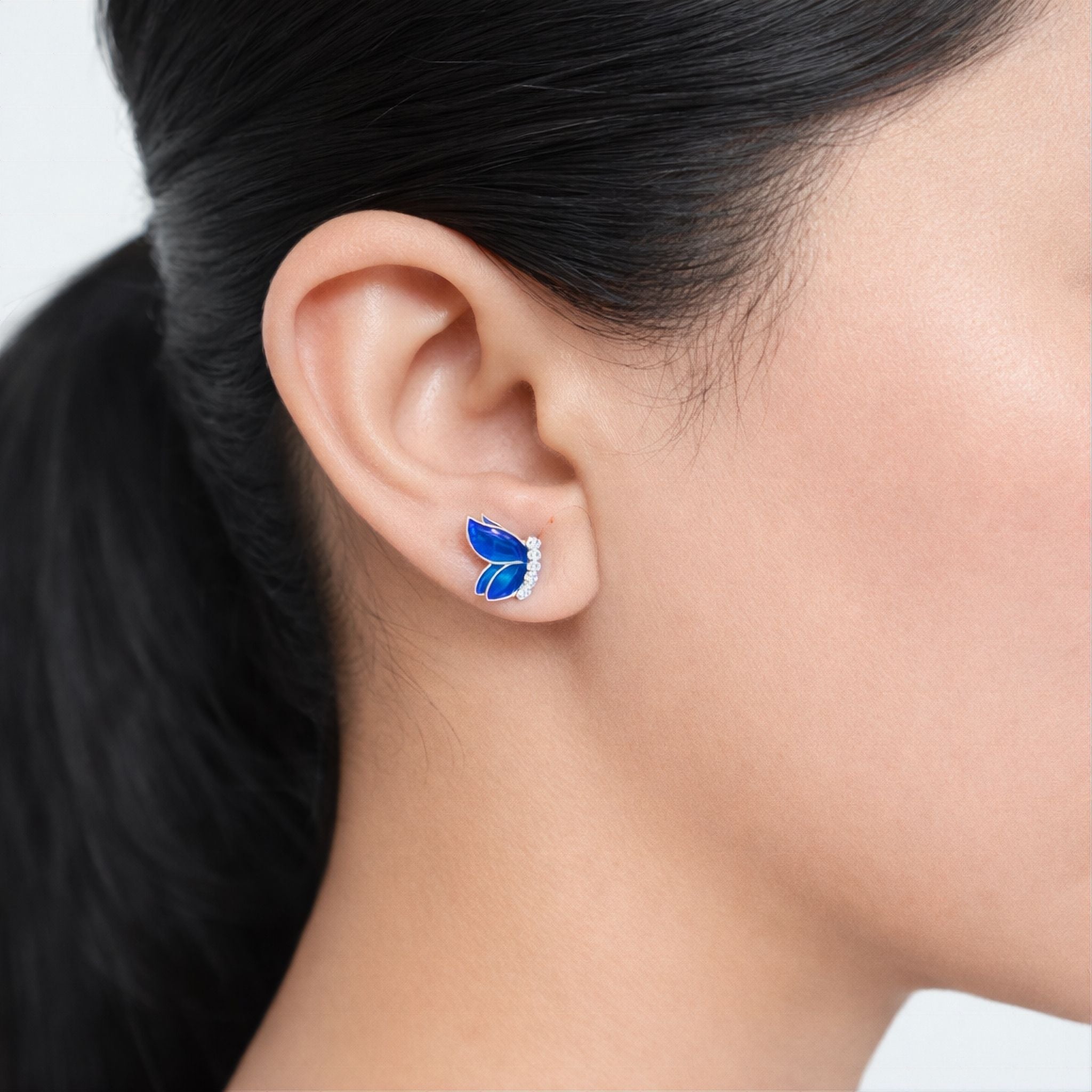 925 Sterling Silver Butterfly Stud Earrings With Blue Enamel and Cubic Zirconia