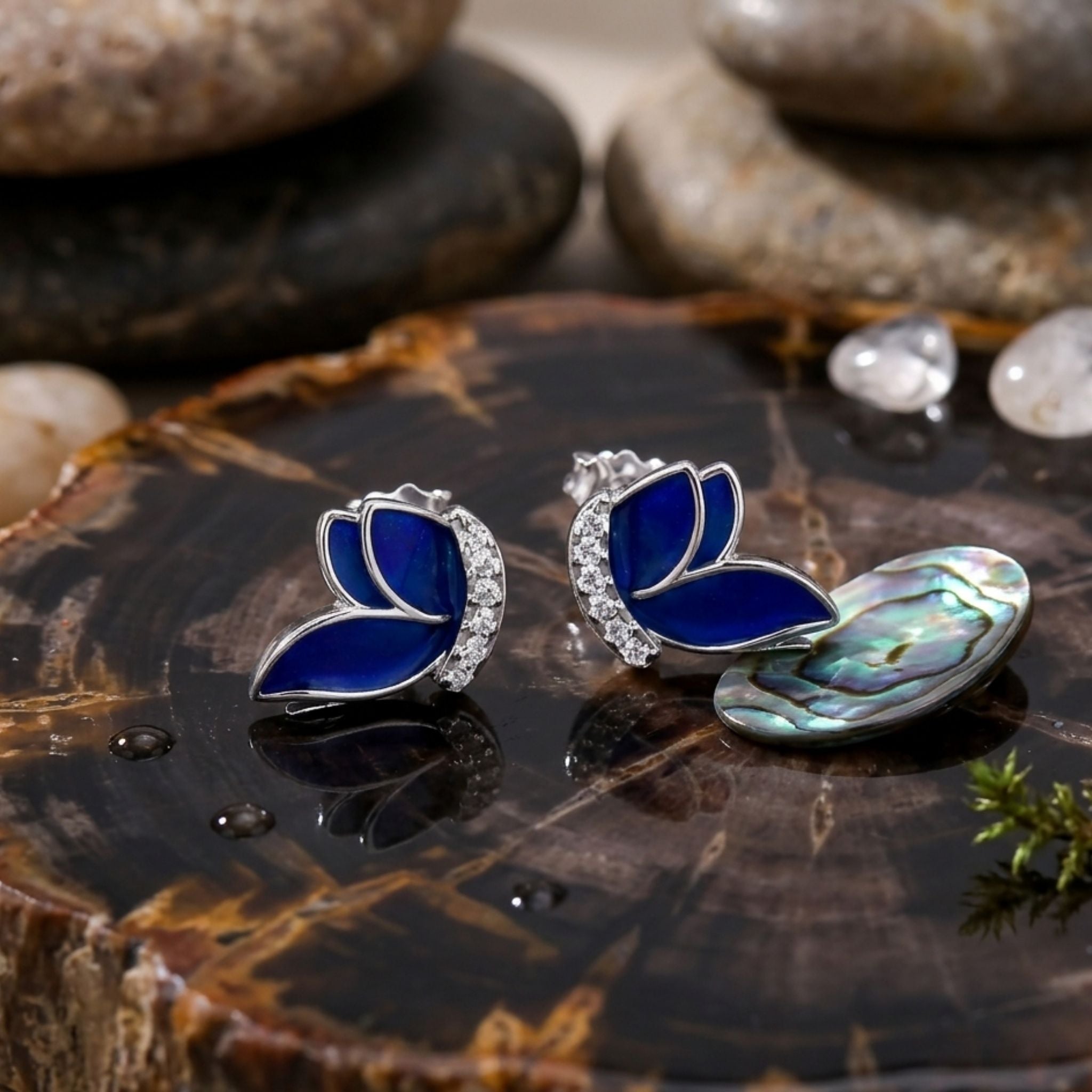 925 Sterling Silver Butterfly Stud Earrings With Blue Enamel and Cubic Zirconia