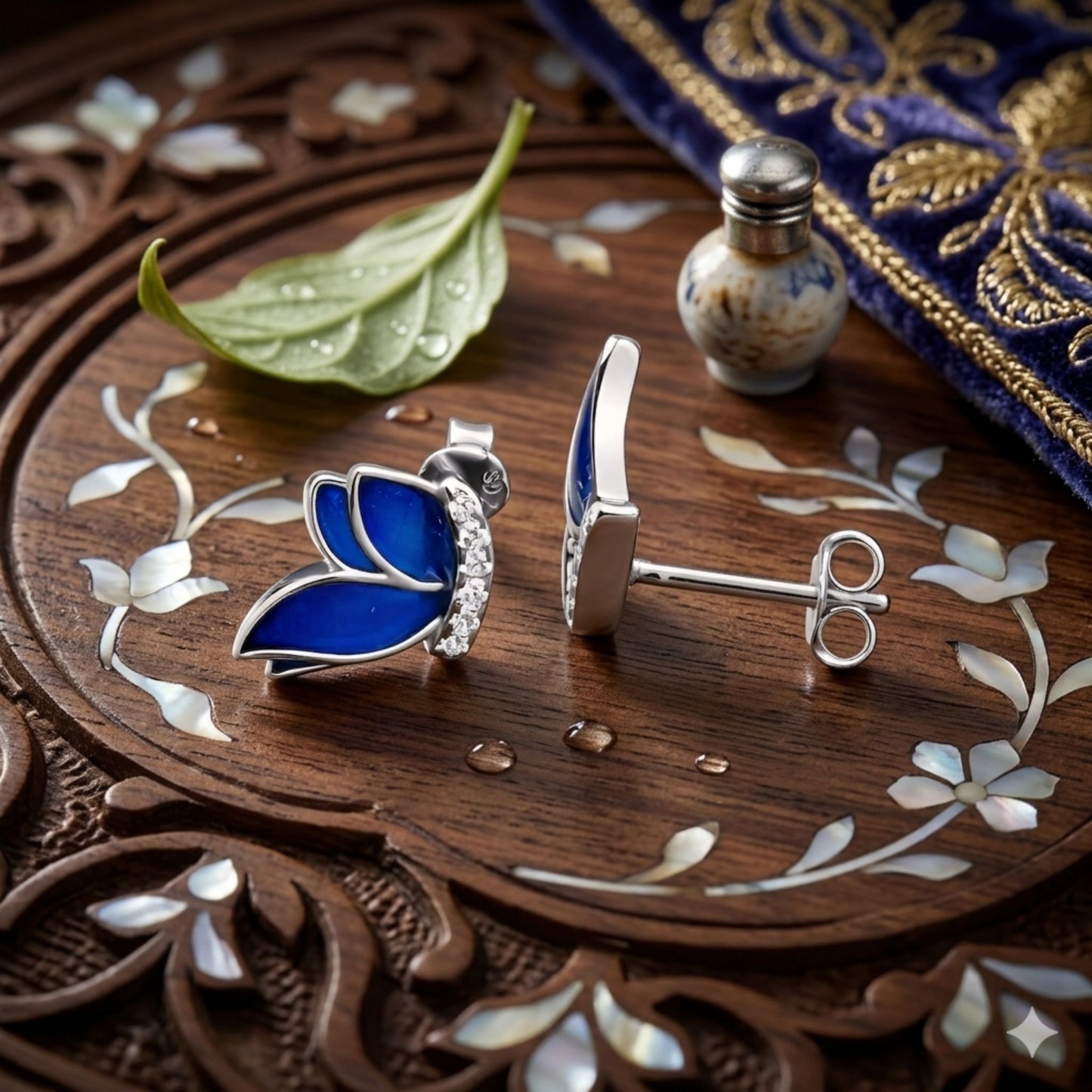 925 Sterling Silver Butterfly Stud Earrings With Blue Enamel and Cubic Zirconia