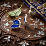 925 Sterling Silver Butterfly Stud Earrings With Blue Enamel and Cubic Zirconia