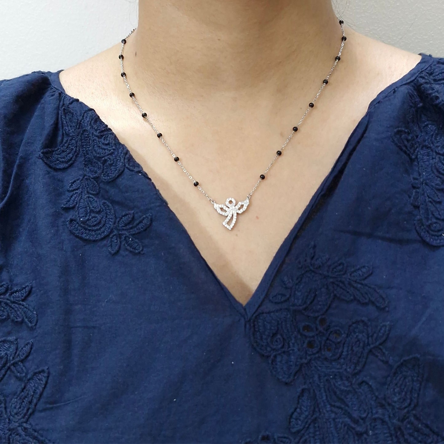 Elegant 925 Silver Mangalsutra with Angel Wing Cubic Zirconia Pendant