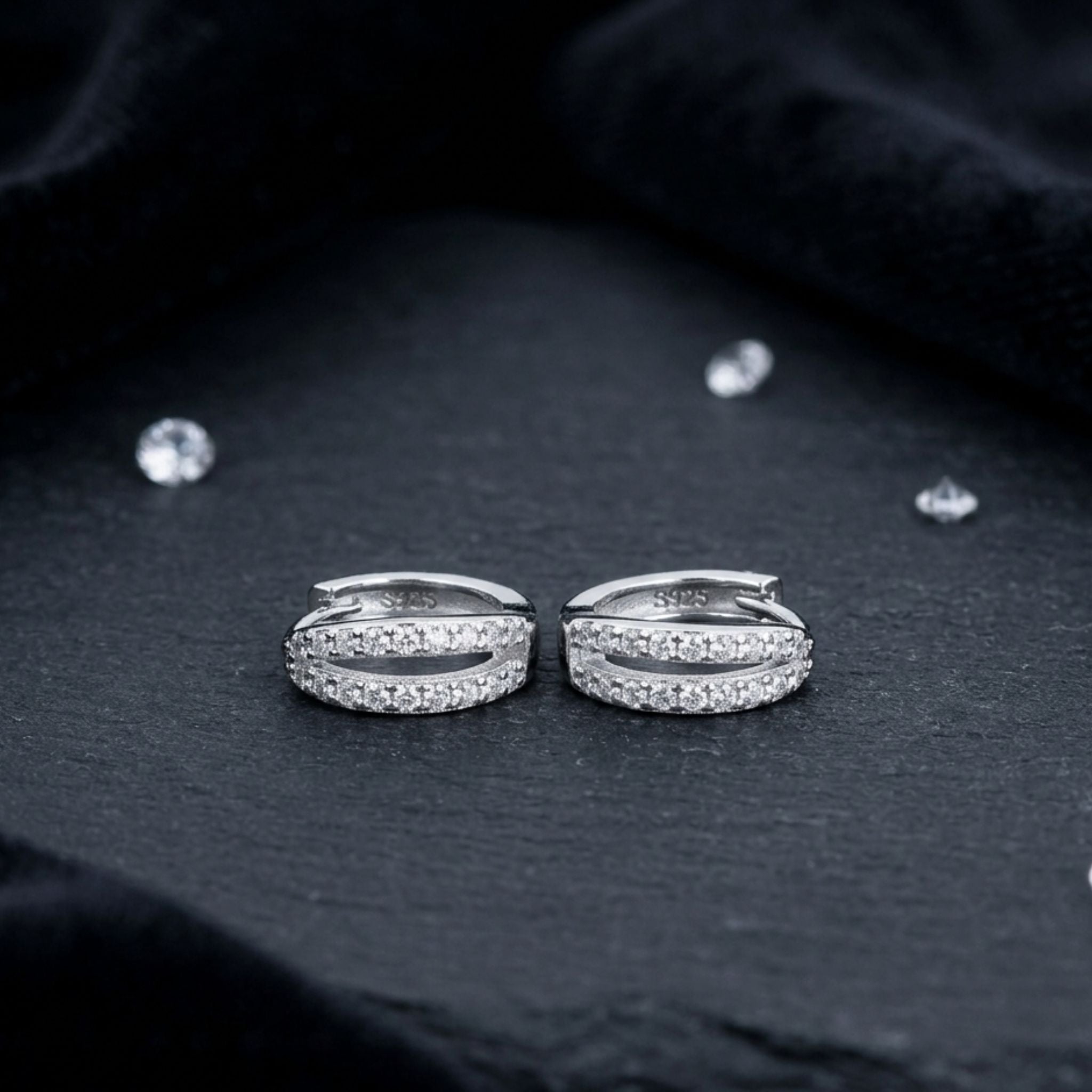 925 Sterling Silver Double Row Hoop Earrings With Cubic Zirconia