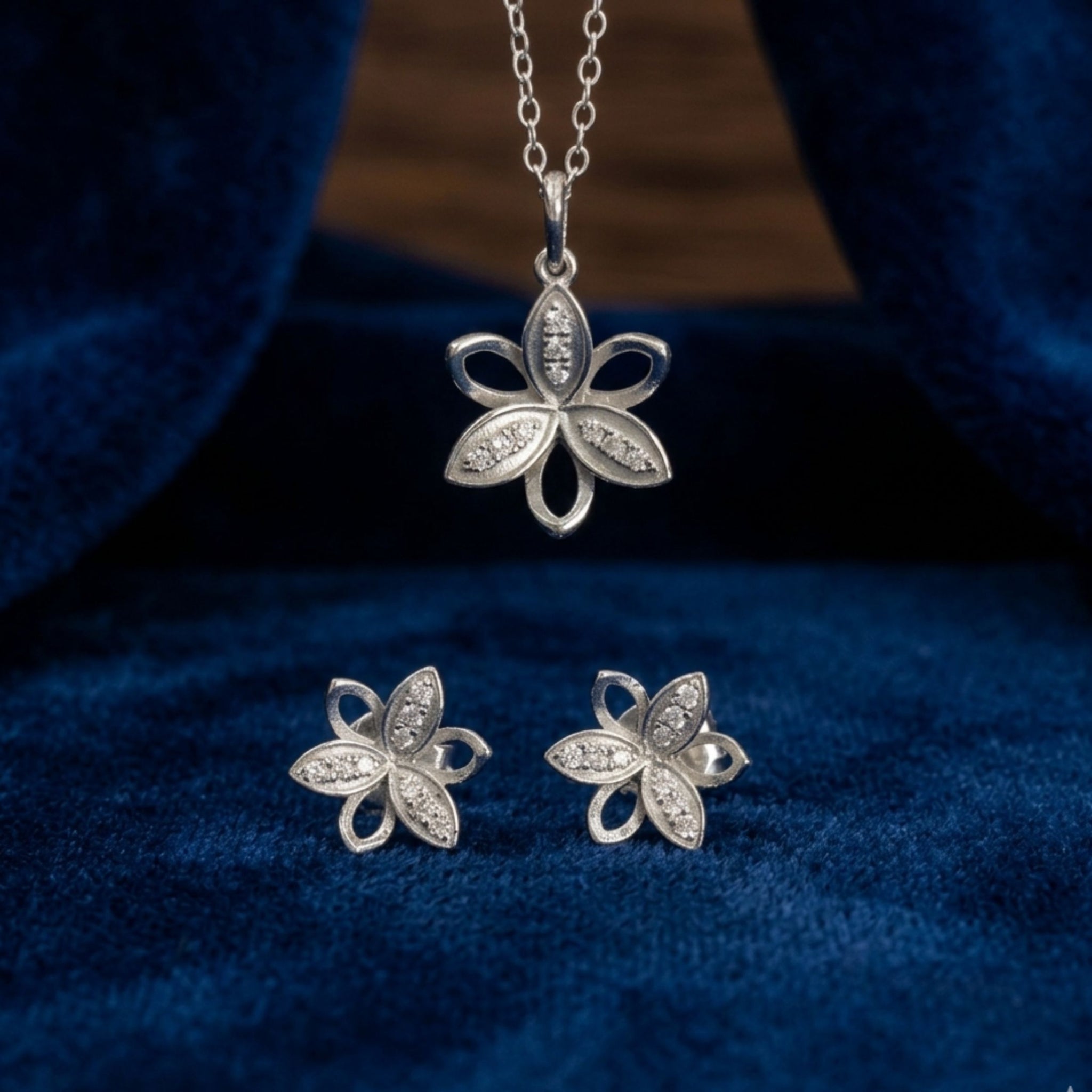 925 Sterling Silver Floral Pendant and Earrings Jewelry Set With Cubic Zirconia