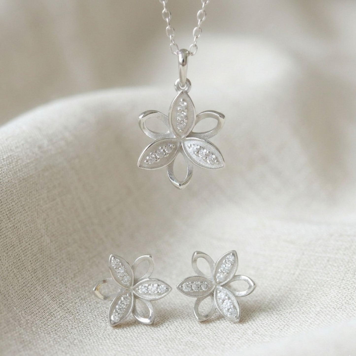 925 Sterling Silver Floral Pendant and Earrings Jewelry Set With Cubic Zirconia