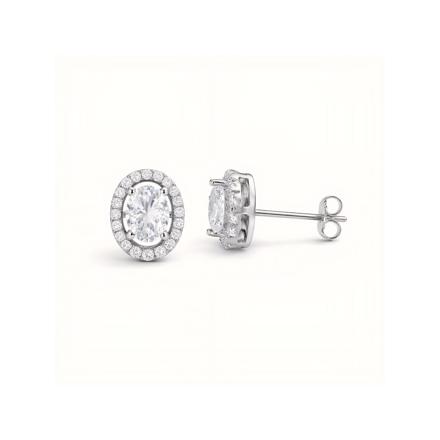 925 Sterling Silver Oval Cut Halo Stud Earrings With Cubic Zirconia Solitaire