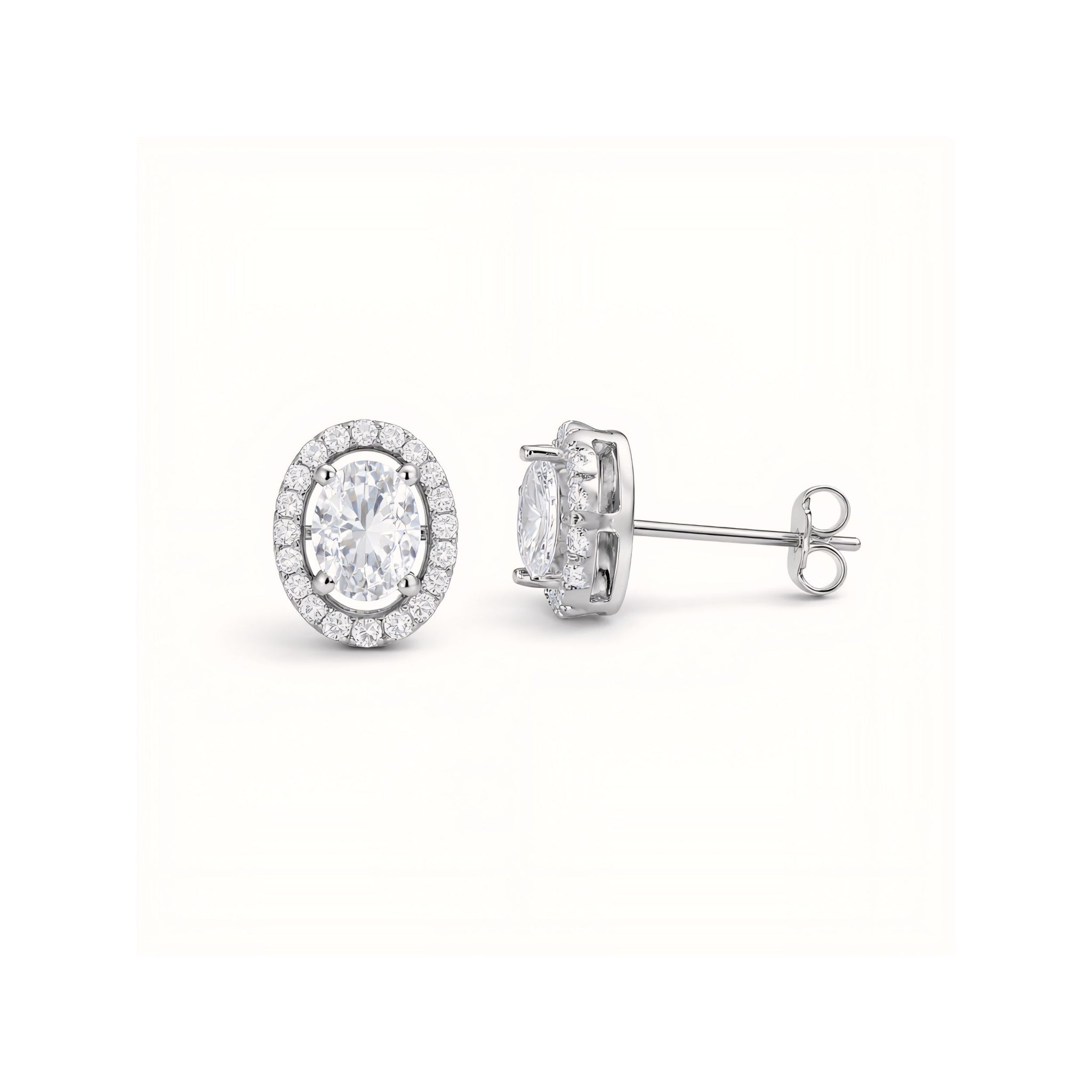 925 Sterling Silver Oval Cut Halo Stud Earrings With Cubic Zirconia Solitaire