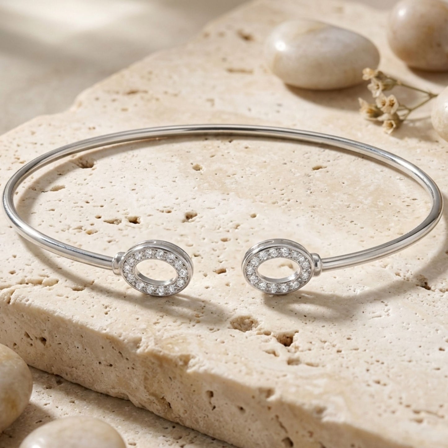 925 Silver Flexible Open Cuff Kada with Cubic Zirconia