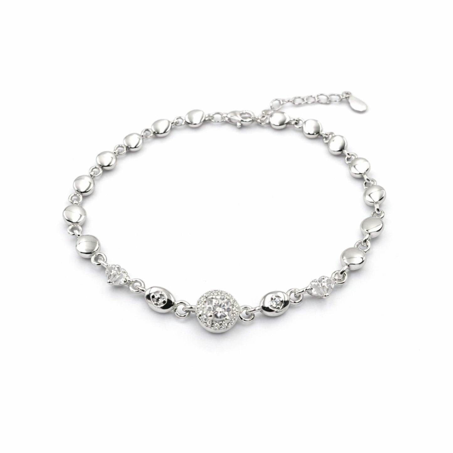 925 Sterling Silver Beaded Chain Bracelet with Pavé Cubic Zirconia Sphere