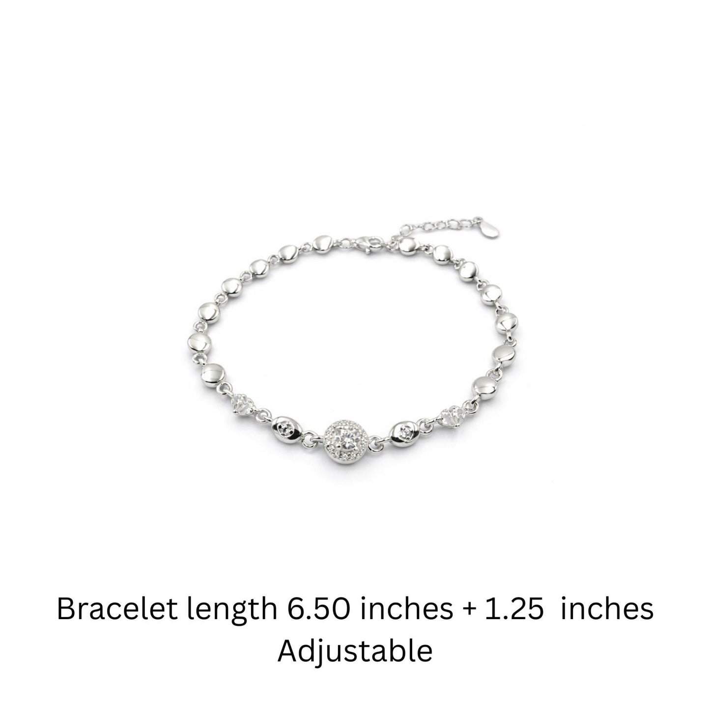 925 Sterling Silver Beaded Chain Bracelet with Pavé Cubic Zirconia Sphere