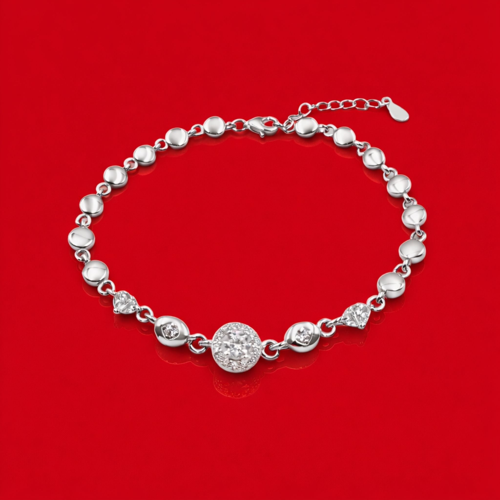 925 Sterling Silver Beaded Chain Bracelet with Pavé Cubic Zirconia Sphere