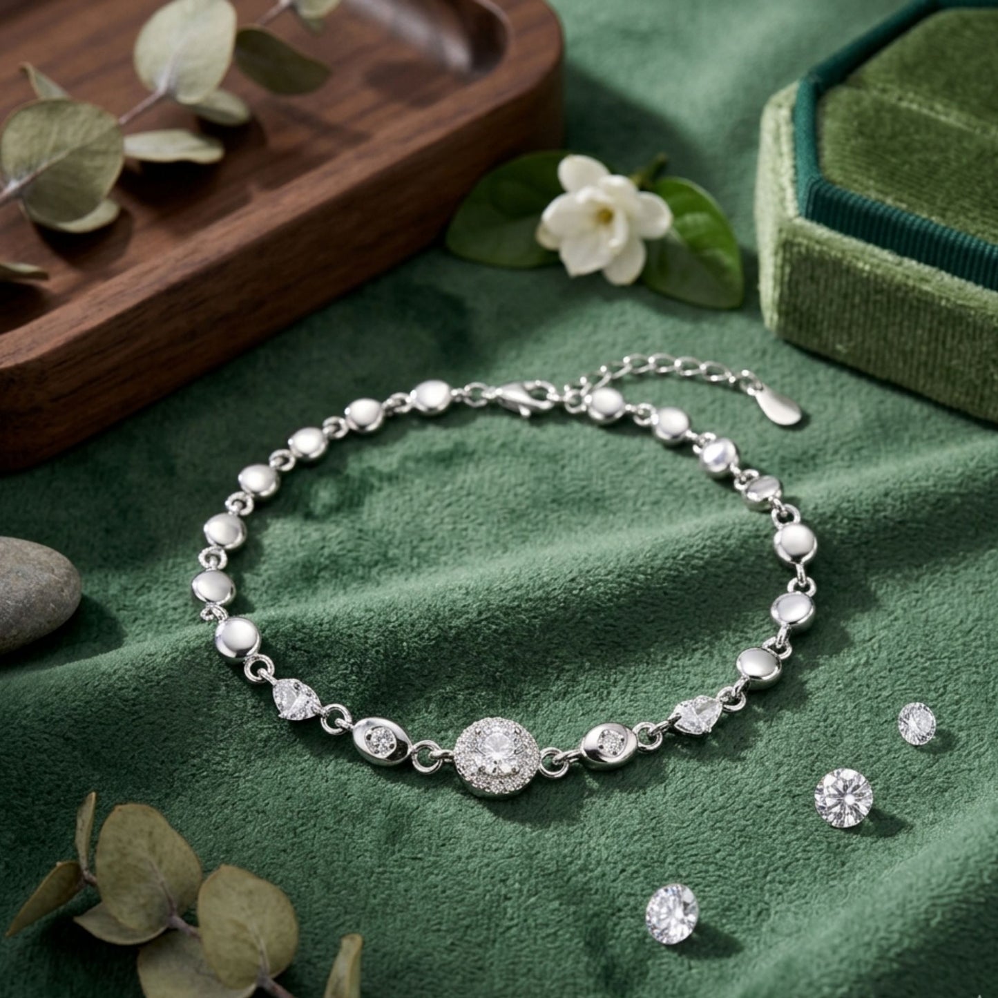 925 Sterling Silver Beaded Chain Bracelet with Pavé Cubic Zirconia Sphere