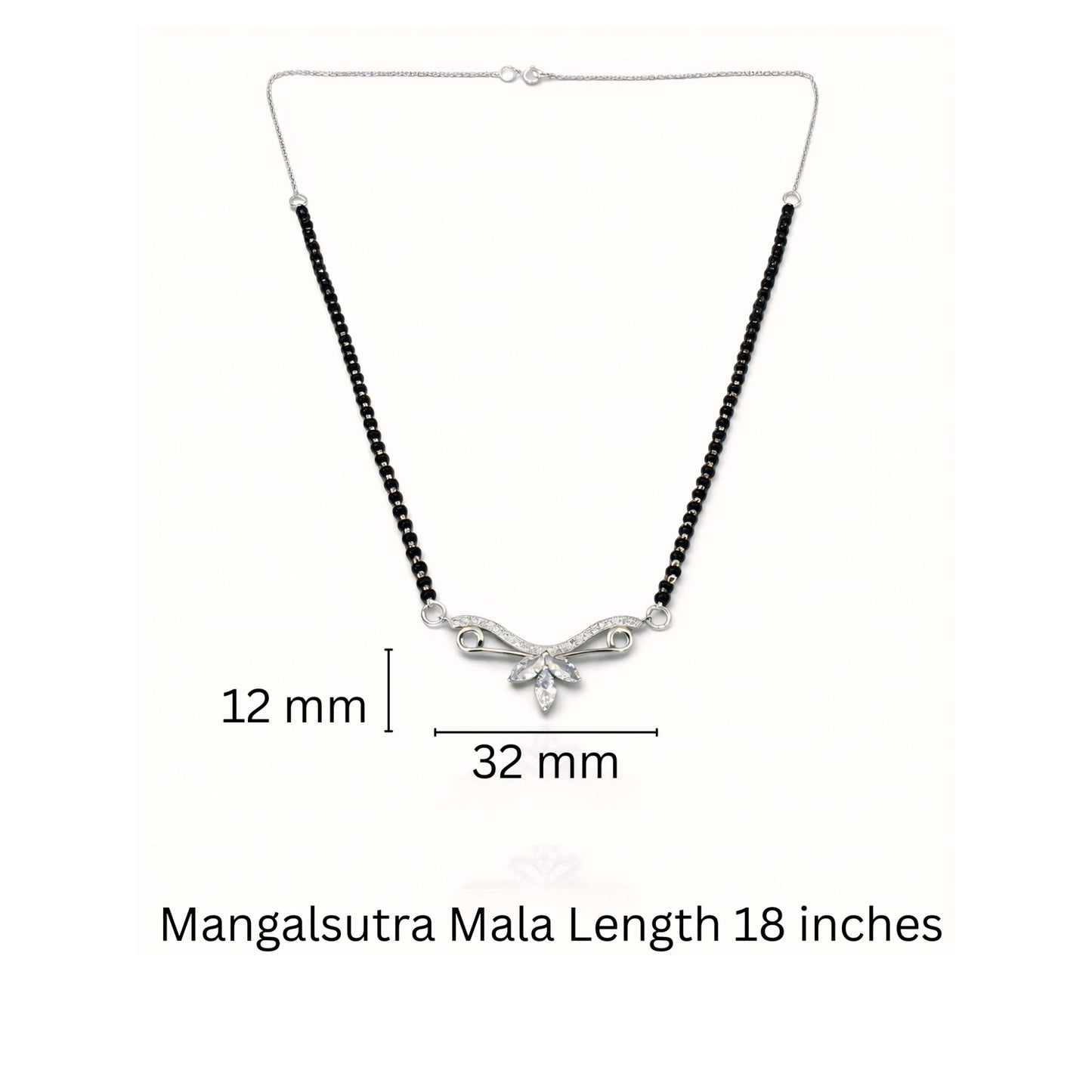 925 Sterling Silver Wing Leaf Mangalsutra – Cubic Zirconia Black Beaded Necklace