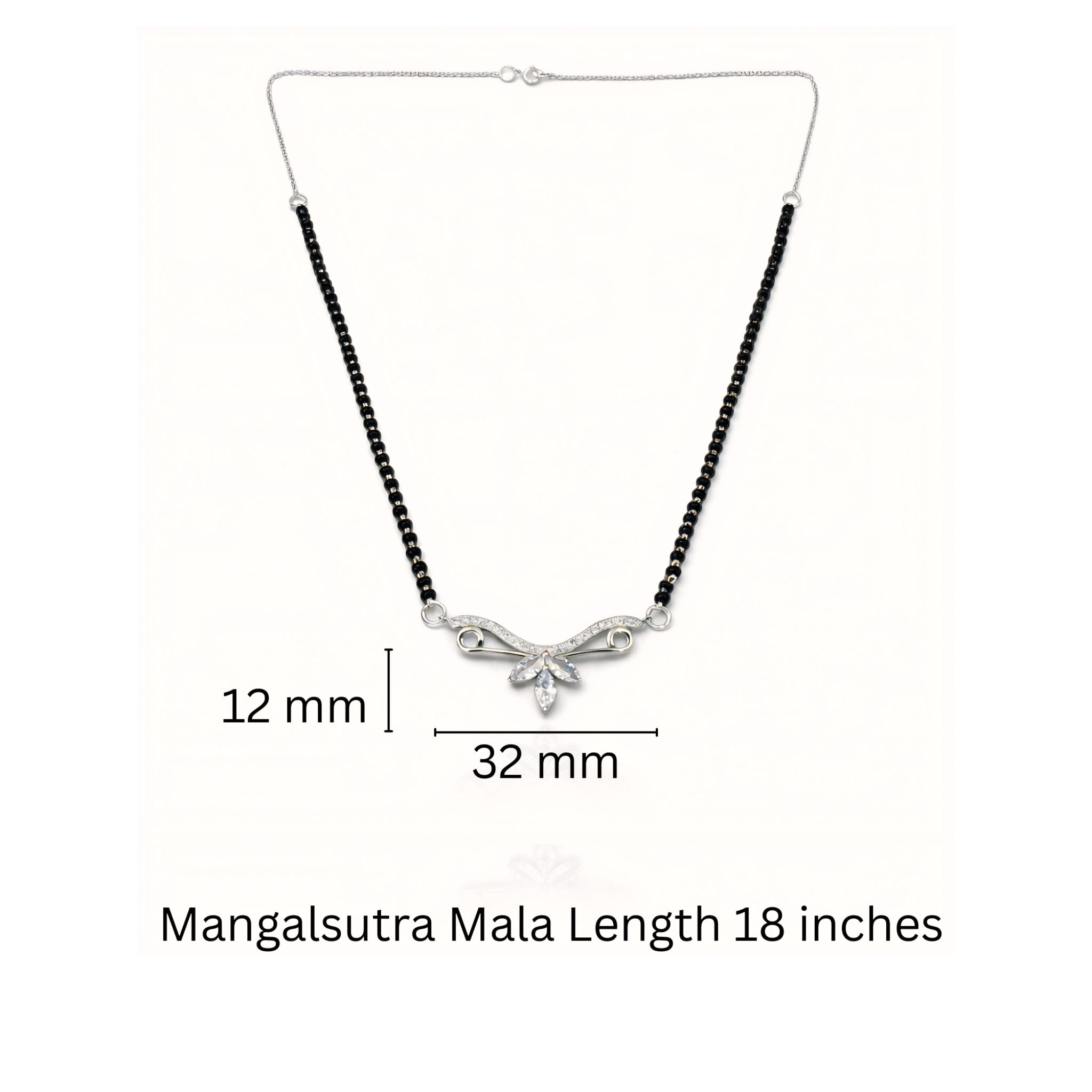 925 Sterling Silver Wing Leaf Mangalsutra – Cubic Zirconia Black Beaded Necklace