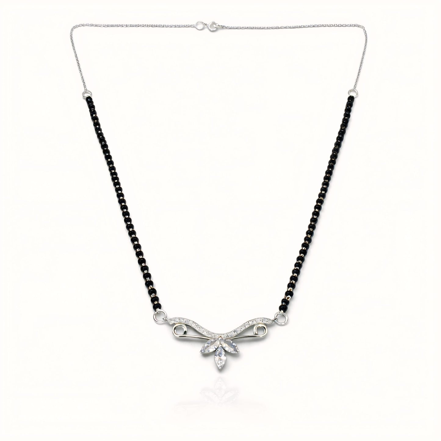925 Sterling Silver Wing Leaf Mangalsutra – Cubic Zirconia Black Beaded Necklace